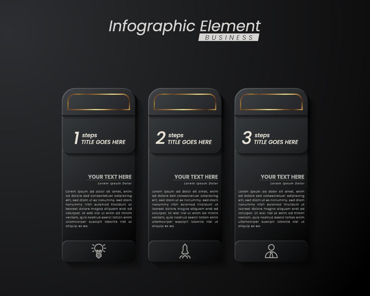 plantilla de vector 3d de infografía elegante de oro oscuro con pasos para el éxito. presentación con iconos de elementos de línea. el diseño de concepto de negocio se puede utilizar para diseño web, folleto, diagrama, gráfico o banner