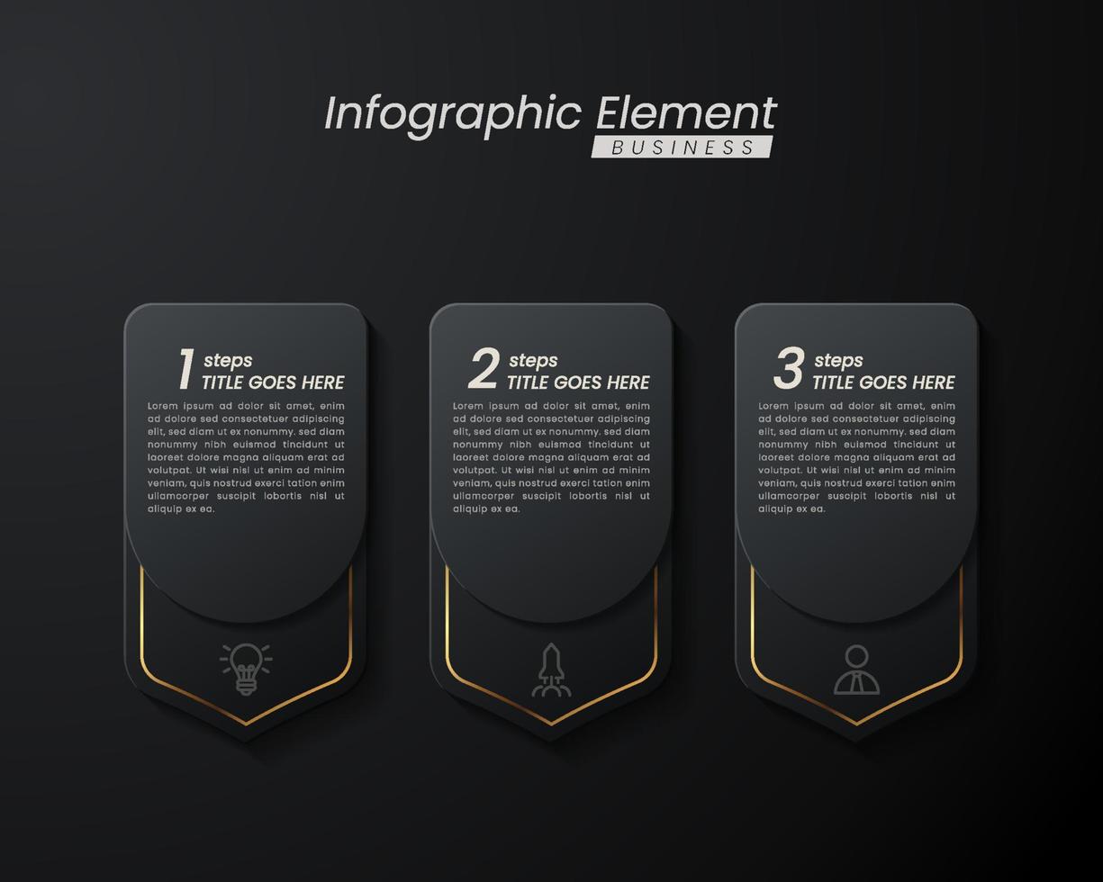 plantilla de vector 3d de infografía elegante de oro oscuro con pasos para el éxito. presentación con iconos de elementos de línea. el diseño de concepto de negocio se puede utilizar para diseño web, folleto, diagrama, gráfico o banner