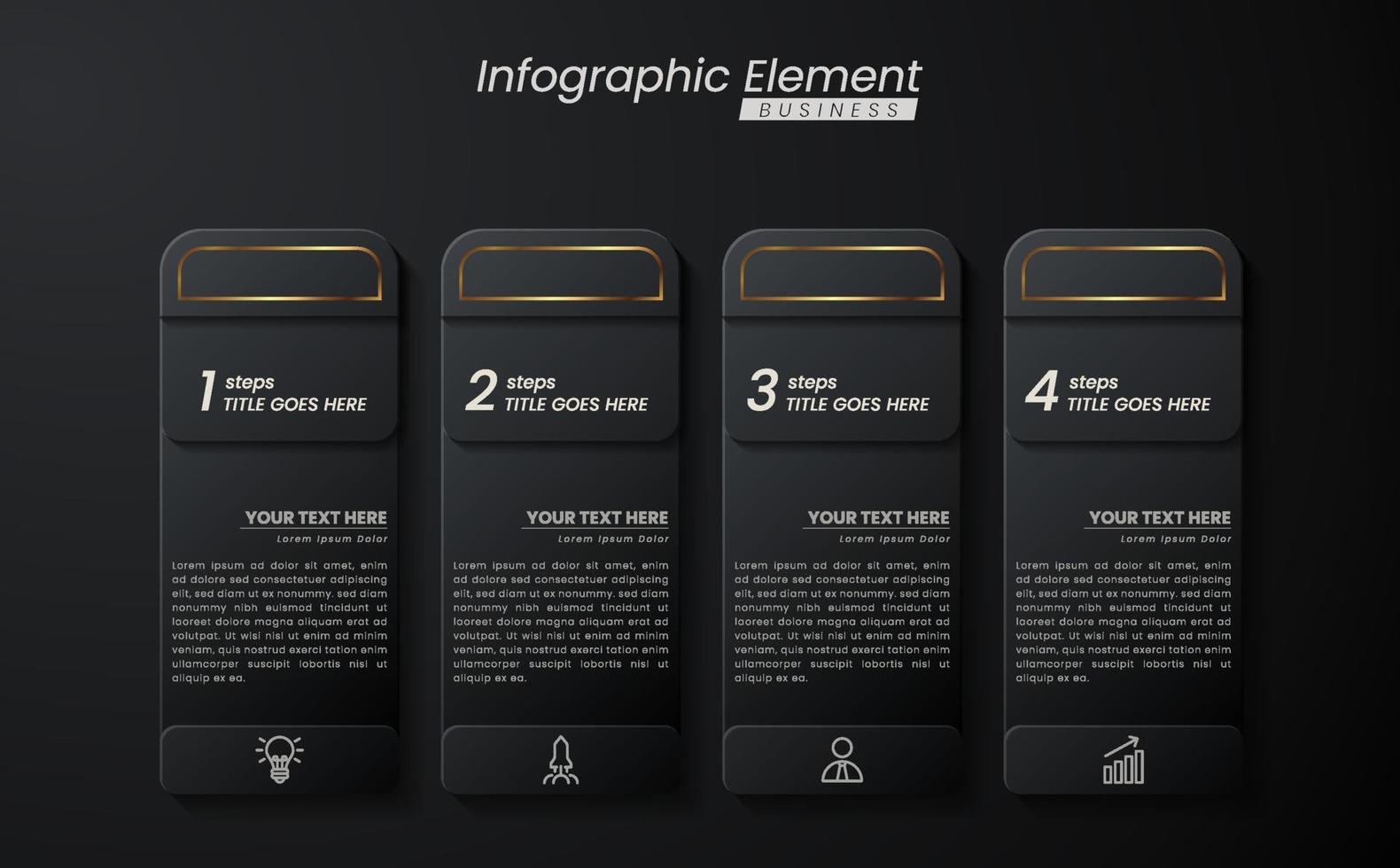 plantilla de vector 3d de infografía elegante de oro oscuro con pasos para el éxito. presentación con iconos de elementos de línea. el diseño de concepto de negocio se puede utilizar para diseño web, folleto, diagrama, gráfico o banner