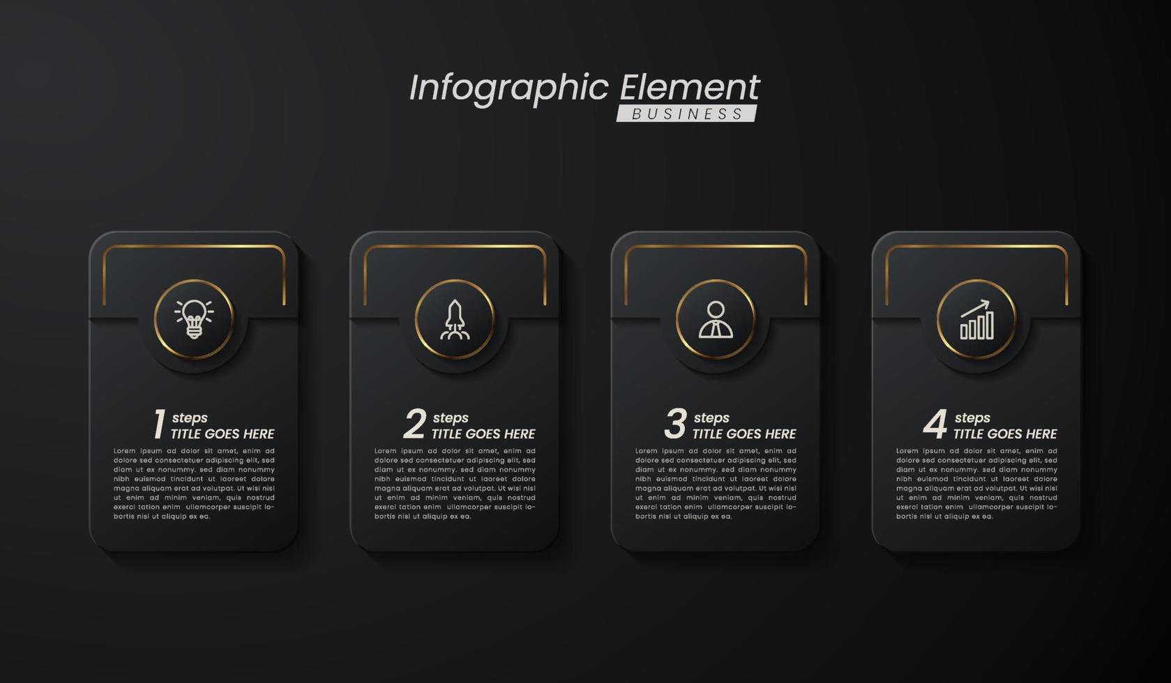 plantilla de vector 3d de infografía elegante de oro oscuro con pasos para el éxito. presentación con iconos de elementos de línea. el diseño de concepto de negocio se puede utilizar para diseño web, folleto, diagrama, gráfico o banner