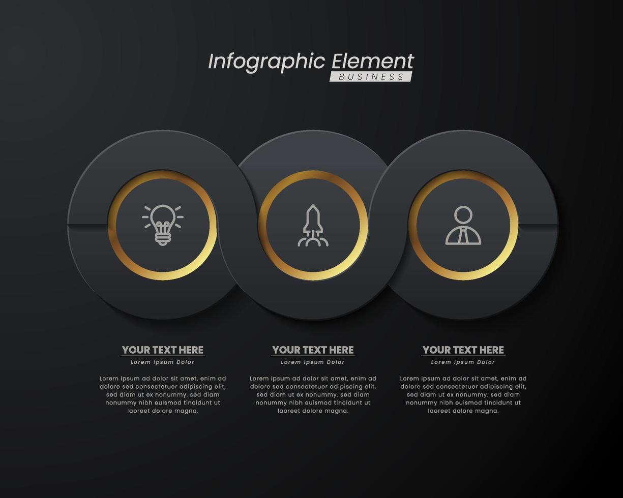 plantilla de vector 3d de infografía elegante de oro oscuro con pasos para el éxito. presentación con iconos de elementos de línea. el diseño de concepto de negocio se puede utilizar para diseño web, folleto, diagrama, gráfico o banner