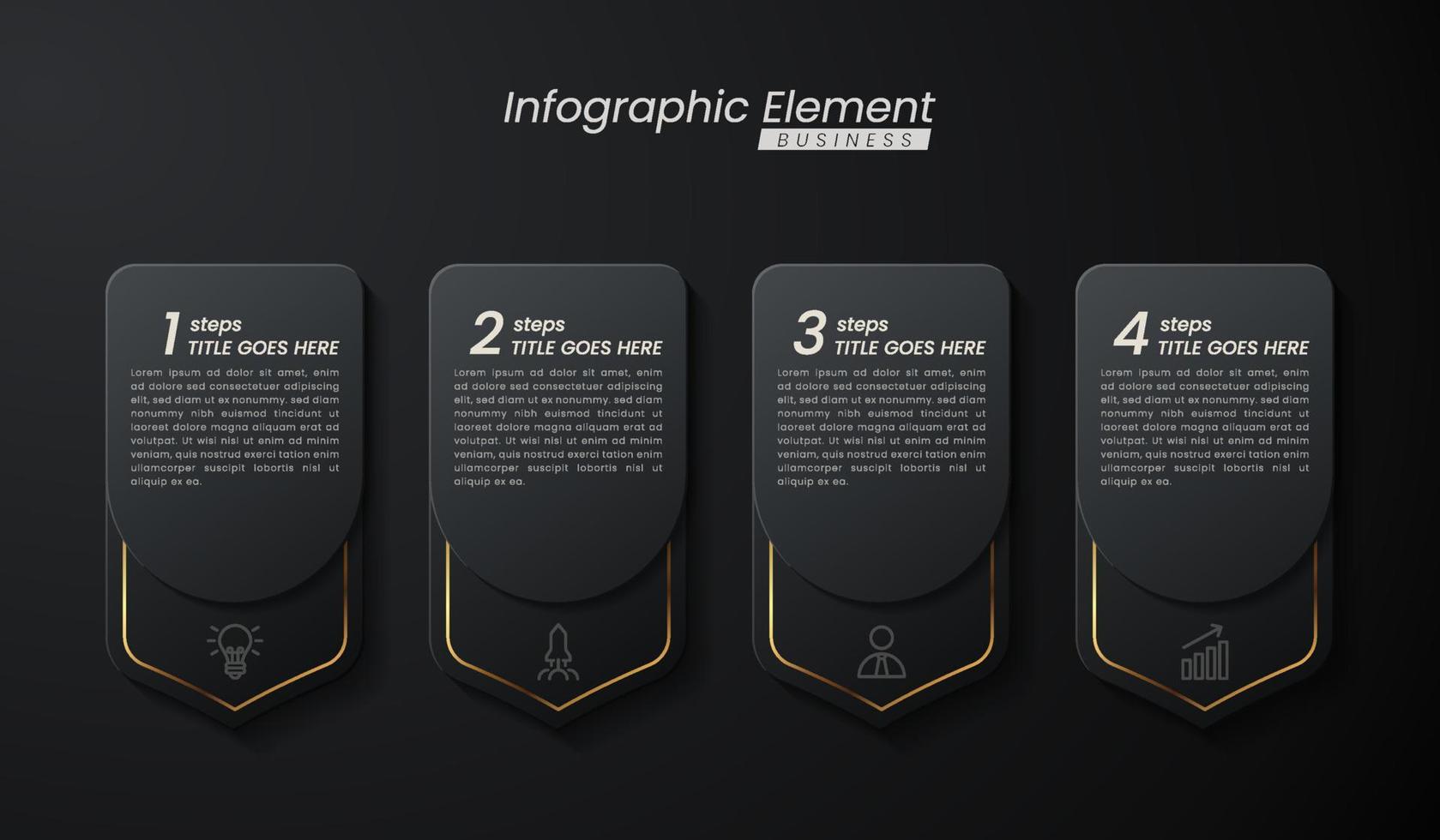 plantilla de vector 3d de infografía elegante de oro oscuro con pasos para el éxito. presentación con iconos de elementos de línea. el diseño de concepto de negocio se puede utilizar para diseño web, folleto, diagrama, gráfico o banner