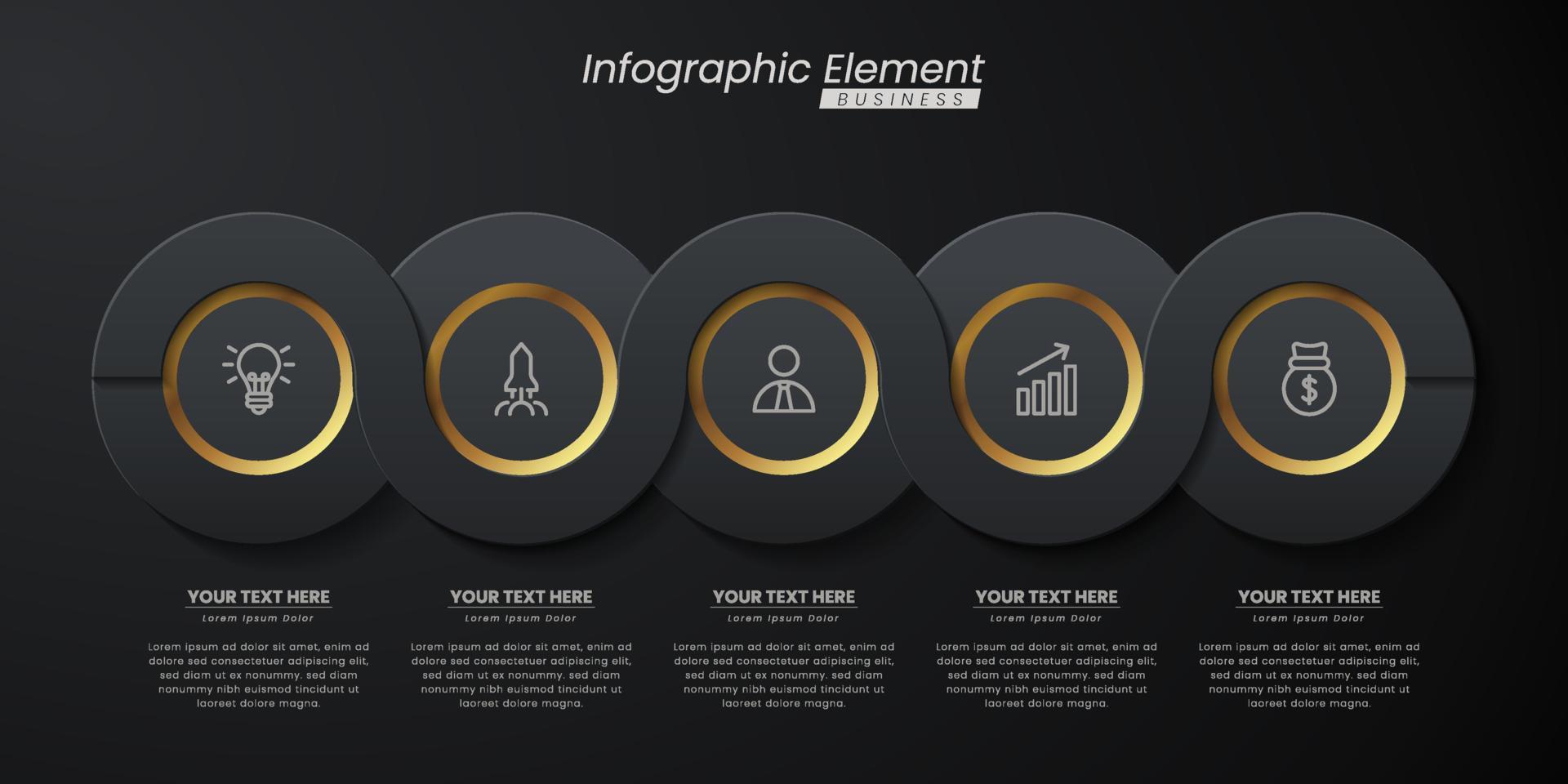 plantilla de vector 3d de infografía elegante de oro oscuro con pasos para el éxito. presentación con iconos de elementos de línea. el diseño de concepto de negocio se puede utilizar para diseño web, folleto, diagrama, gráfico o banner