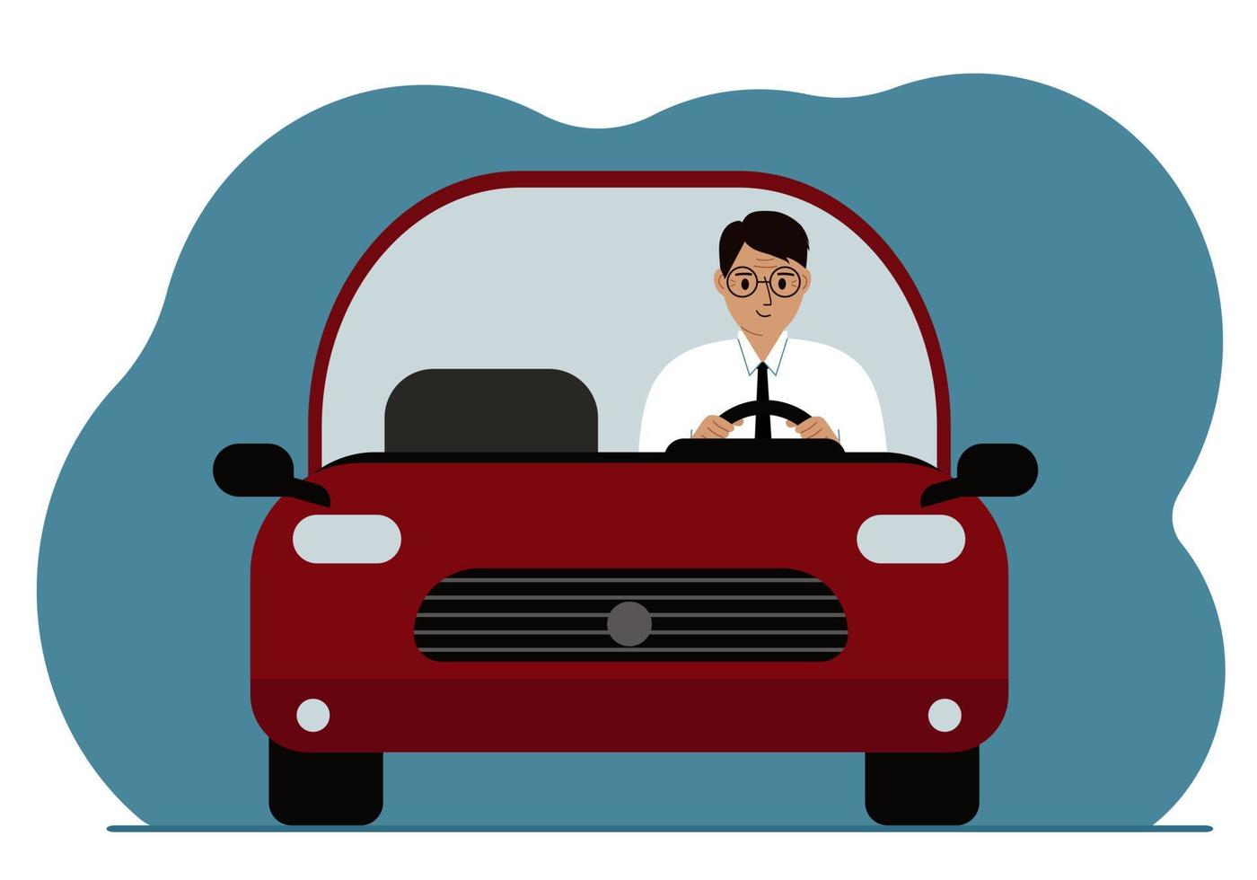 Male businessman driving a red car on the road. Front view. Vector flat illustration