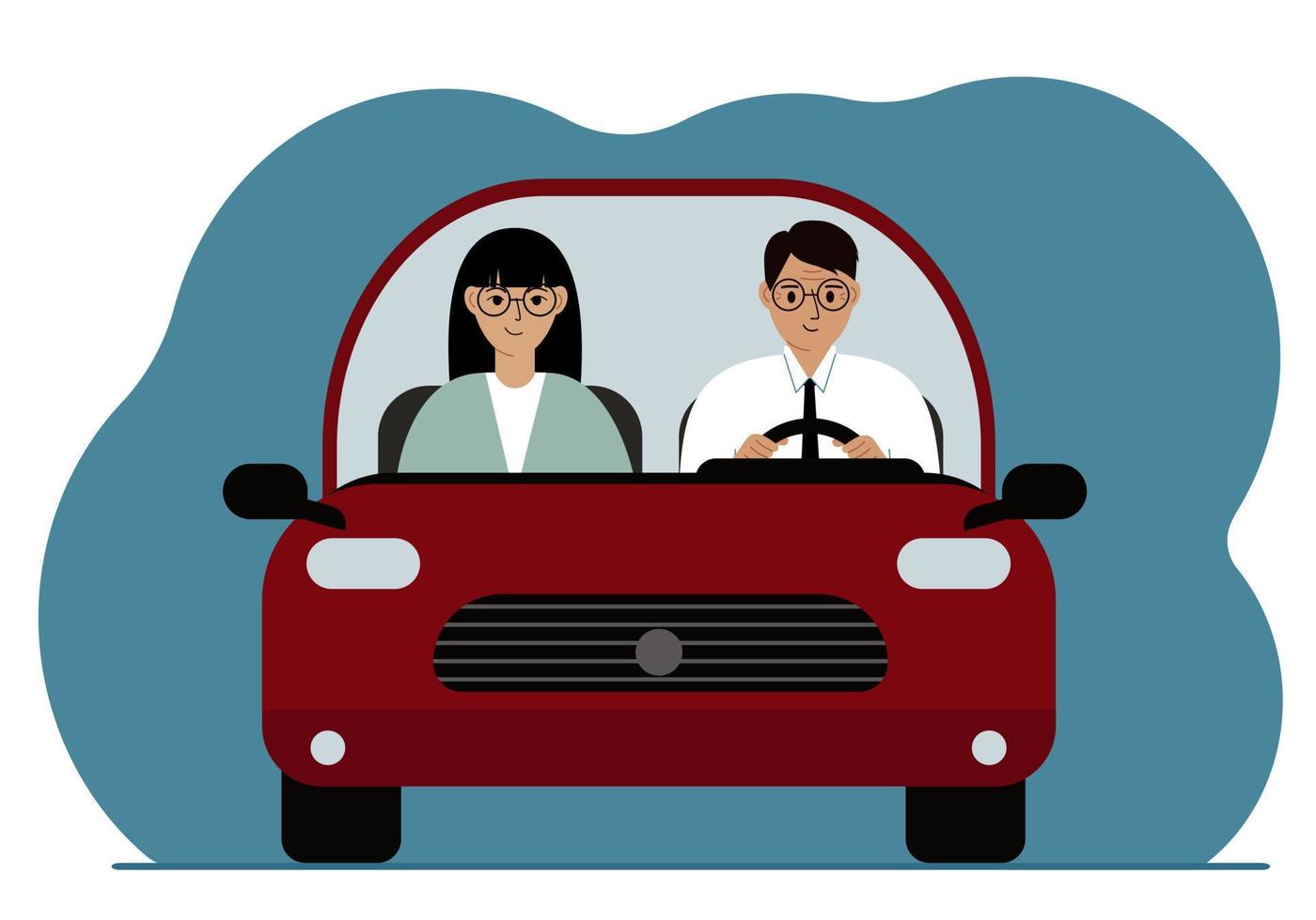 A man driving a red car next to a woman passenger. Foreground. Vector flat illustration