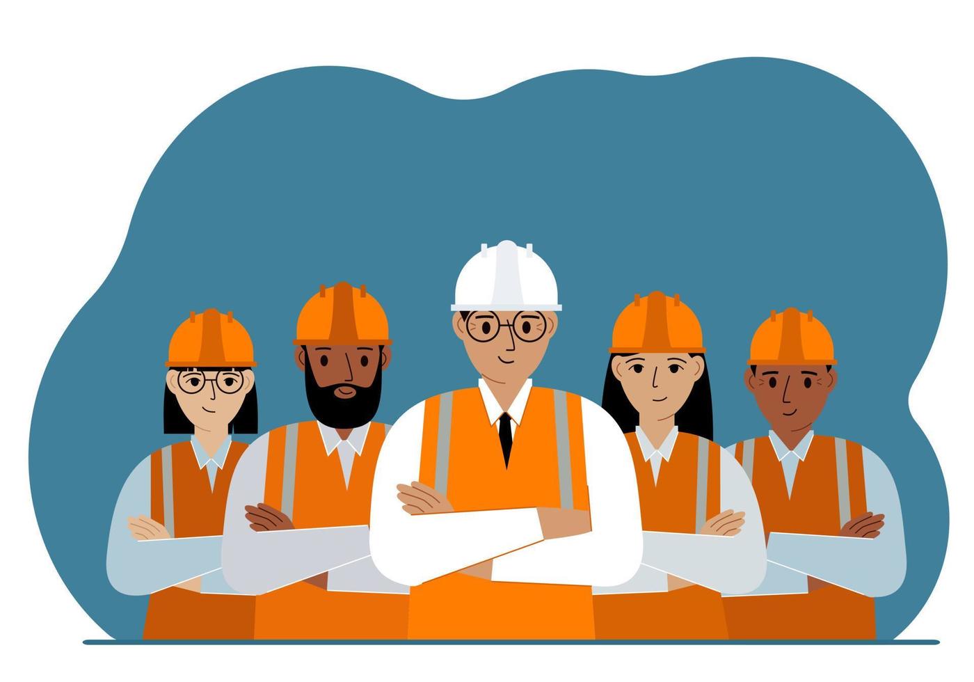 A team of smiling construction workers in white and orange hard hats and orange vests. Engineer and builders. Vector flat illustration