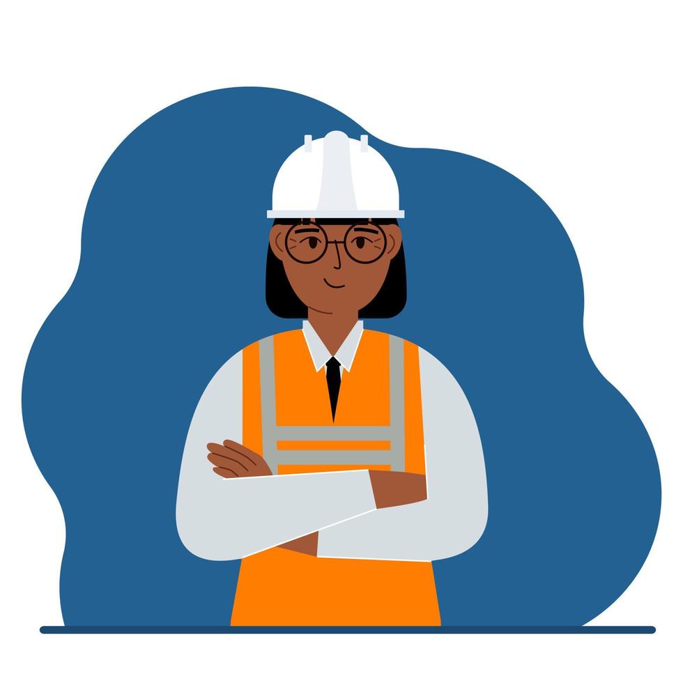 mujer sonriente trabajadora de la construcción con casco blanco y chaleco naranja. ingeniero. ilustración plana vectorial vector