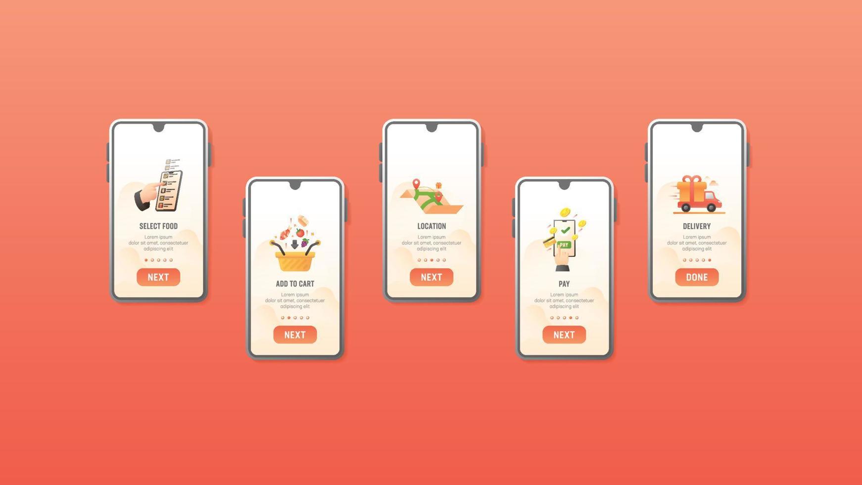 Food delivery on boarding screen. Vector illustration, food app, web application, mobile,