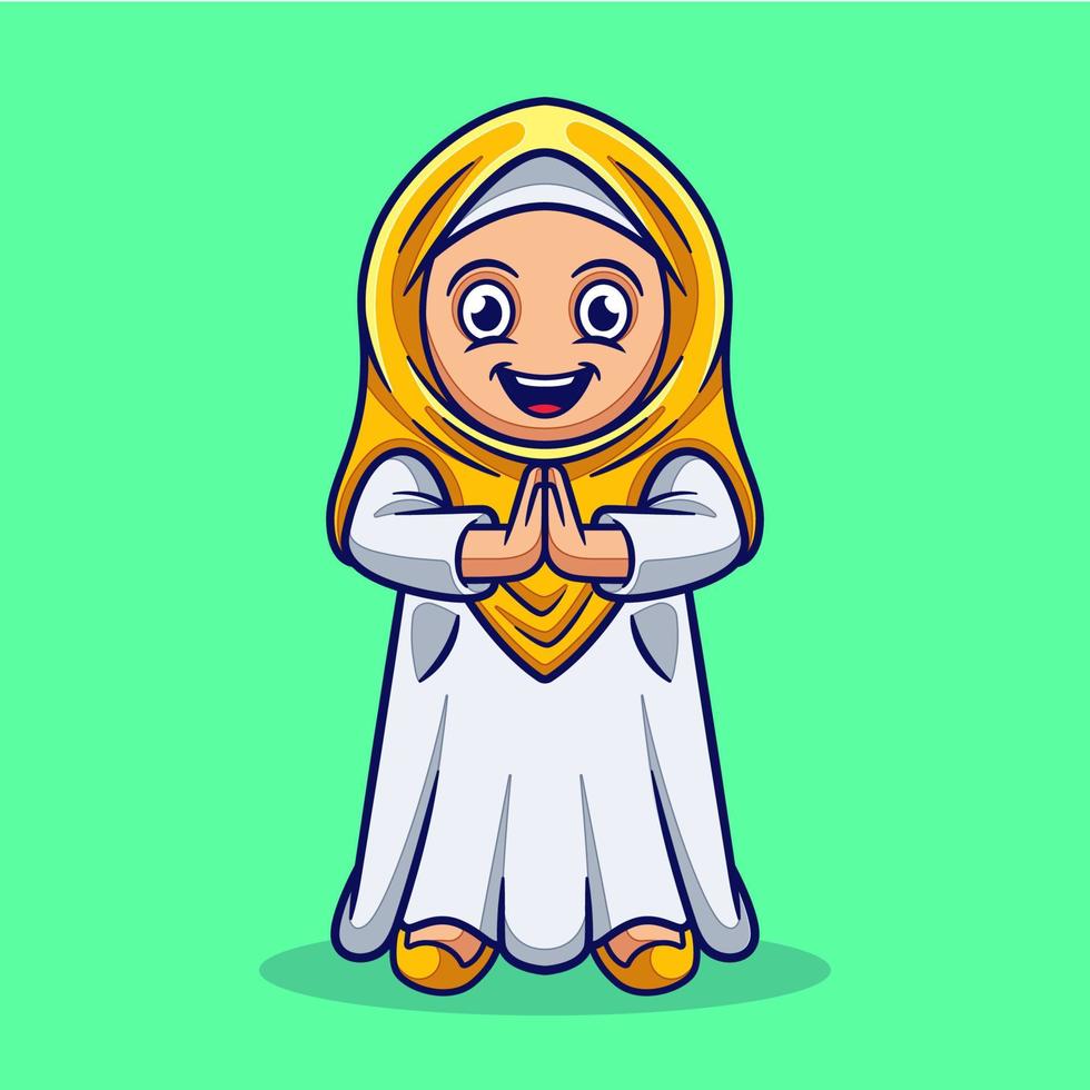linda chica musulmana celebrando la ilustración de dibujos animados de eid mubarak. concepto de ilustración de ramadán kareem vector