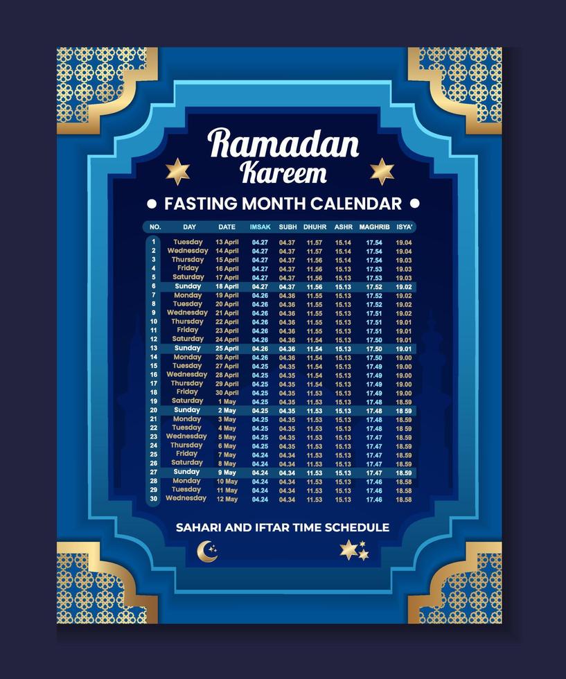 Fasting Month Calendar Template of Ramadan vector