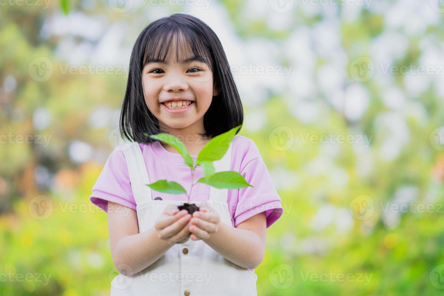 imagen niña asiática sosteniendo un retoño en la mano foto