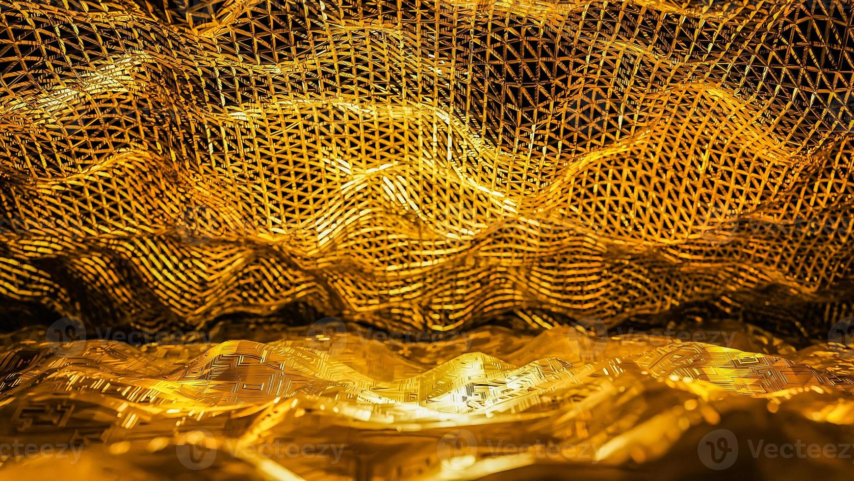 Abstract shinny golden wire net wave background for product presentation and brand luxury style. ,3D model and illustration. photo