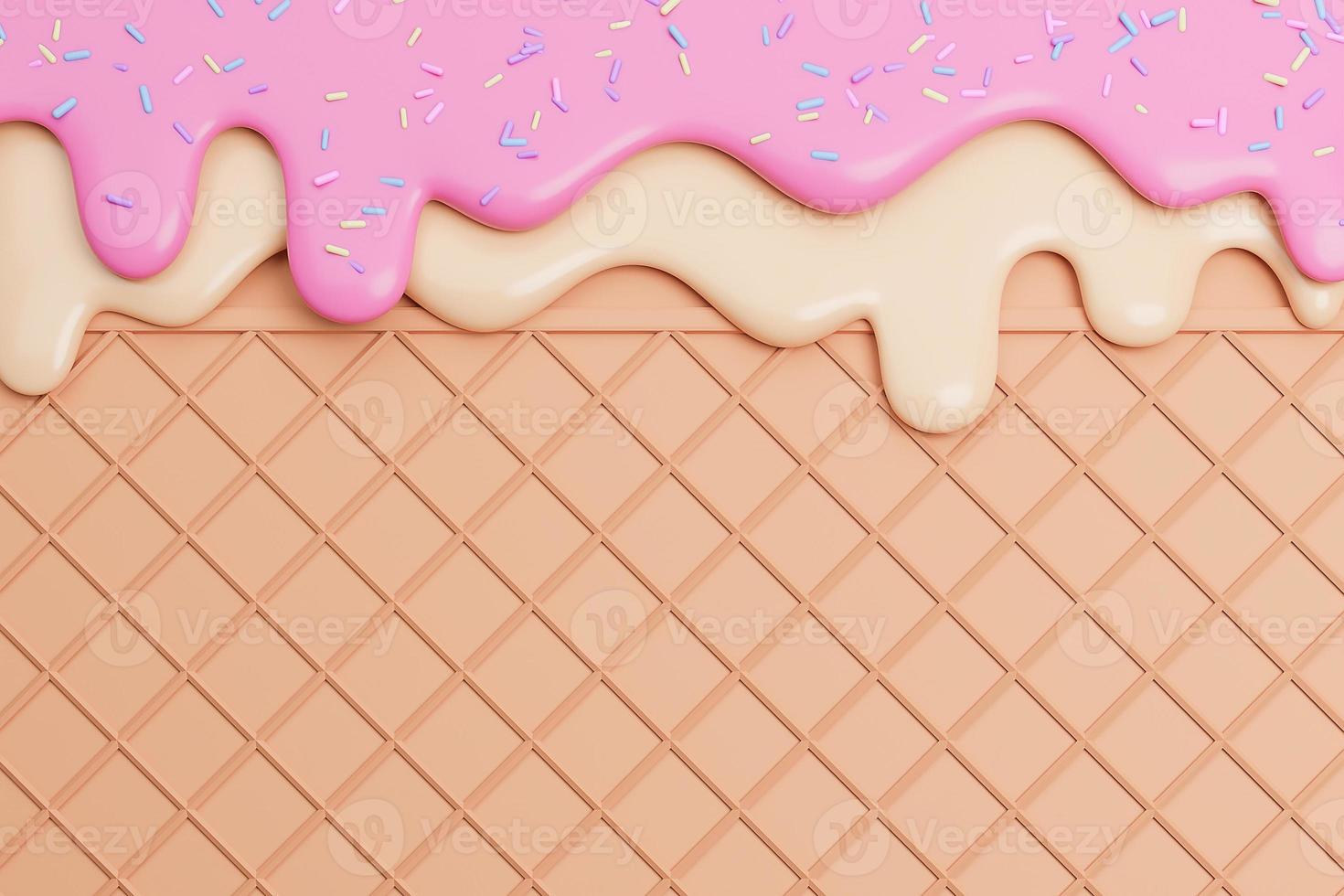 Strawberry and Vanilla Ice Cream Melted with Sprinkles on Wafer Background.,3d model and illustration. photo