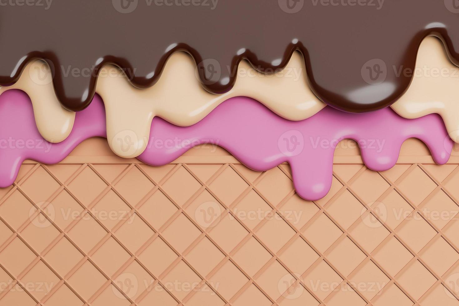 Chocolate and Vanilla and Strawberry Ice Cream Melted on Wafer Background.,3d model and illustration. photo