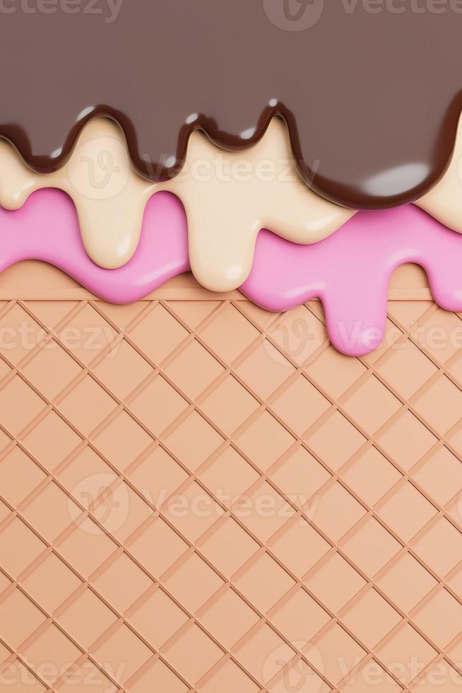Chocolate and Vanilla and Strawberry Ice Cream Melted on Wafer Background.,3d model and illustration. photo