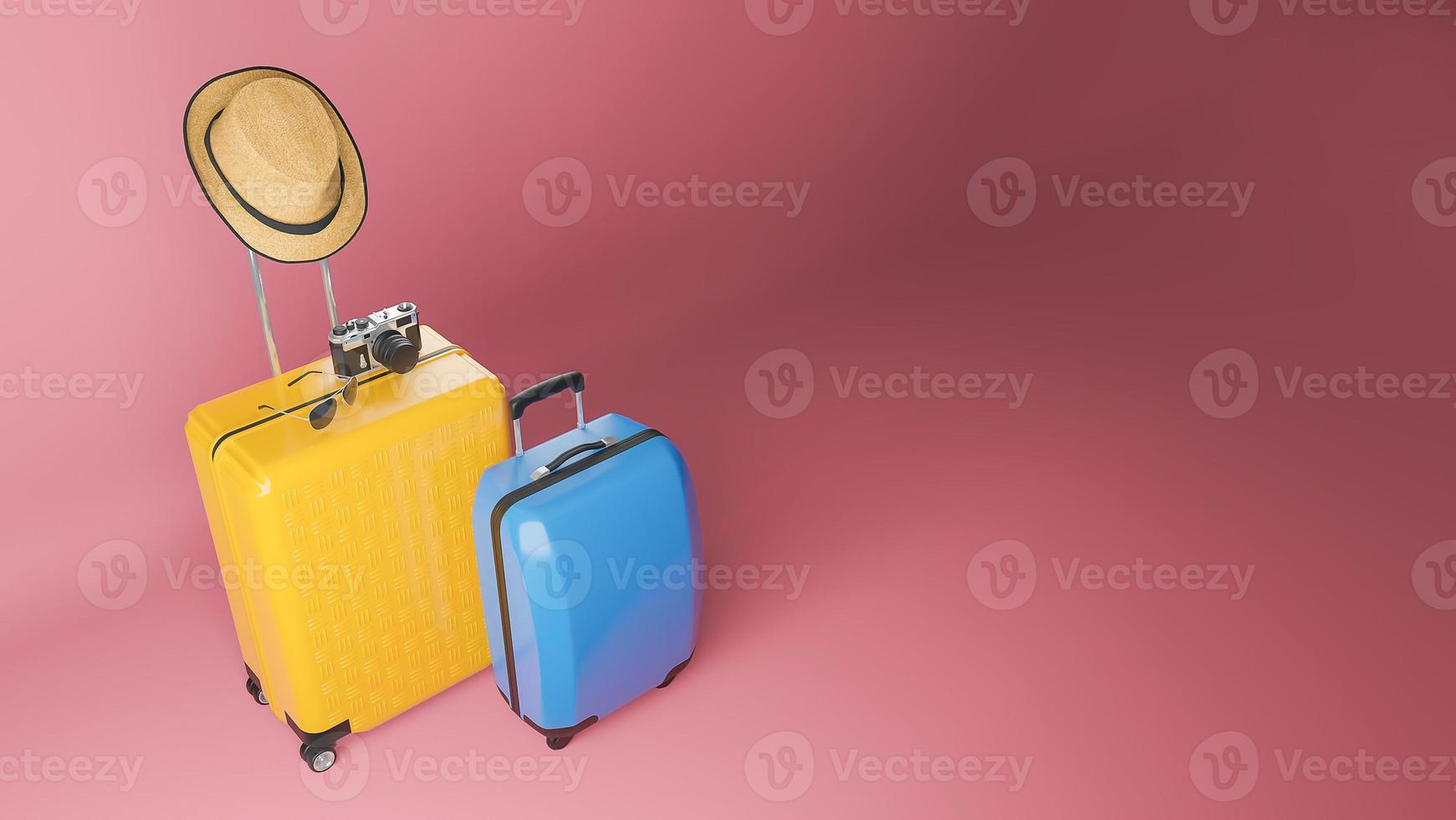 Yellow and blue suitcase with sun hat and glasses, camera on pastel background., travel concept.,3d illustration. photo