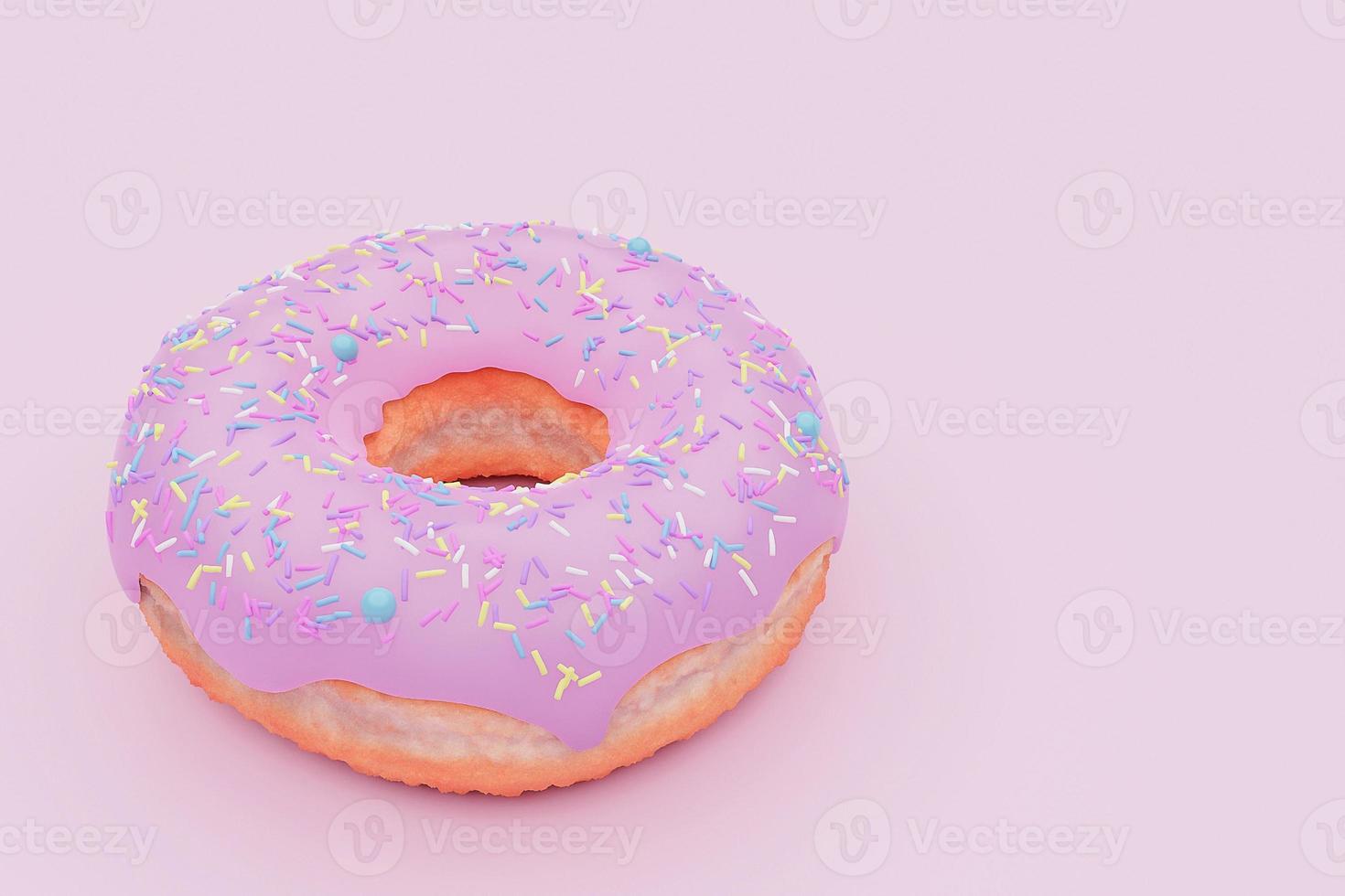 Tasty pink glazed donut with colorful sprinkles on pink pastel colors background.3d model and illustration. photo