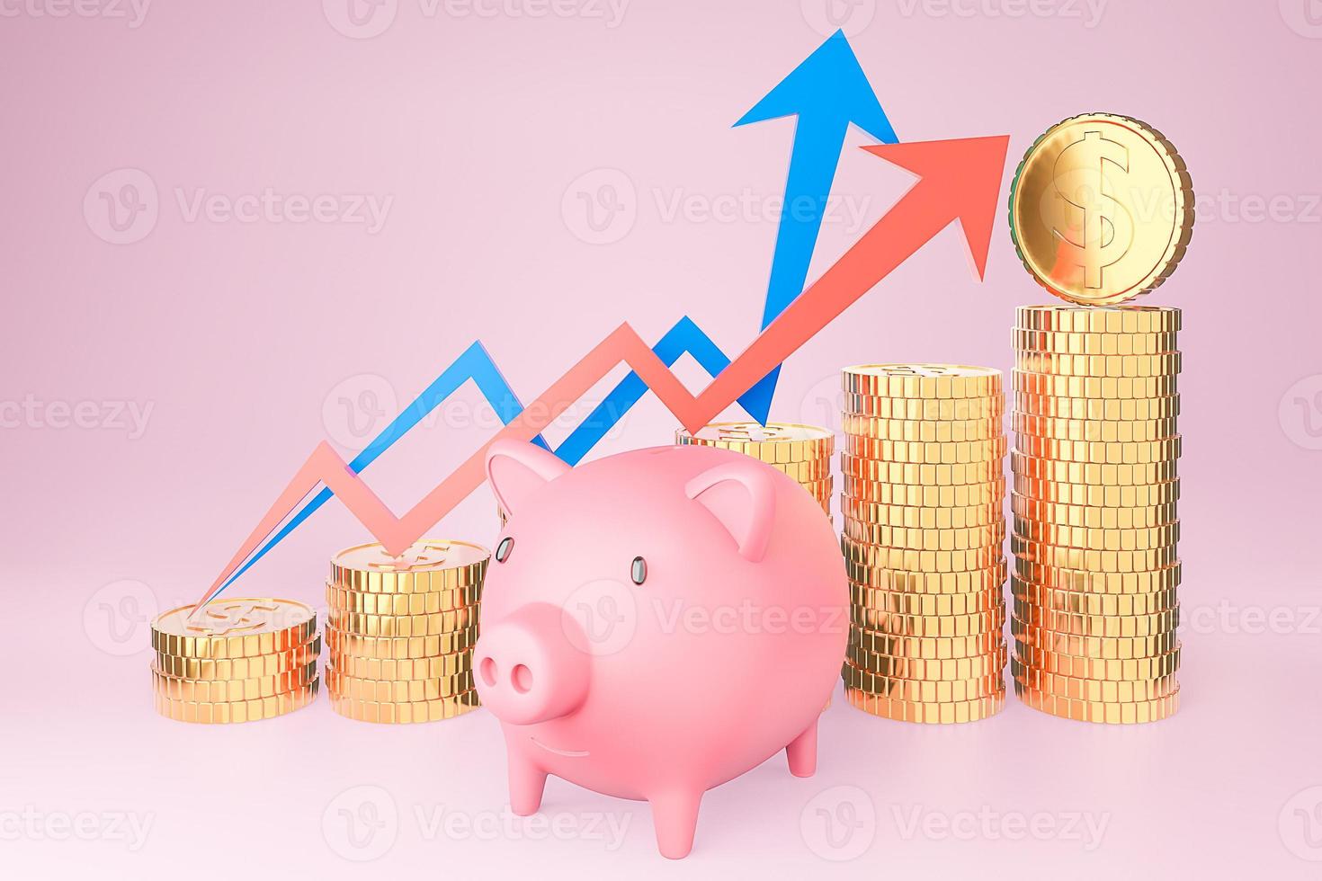 Piggy bank and golden coin stack and finance graph chart on pink background., Money saving and investment concept and saving ideas and financial growth.3d model and illustration. photo