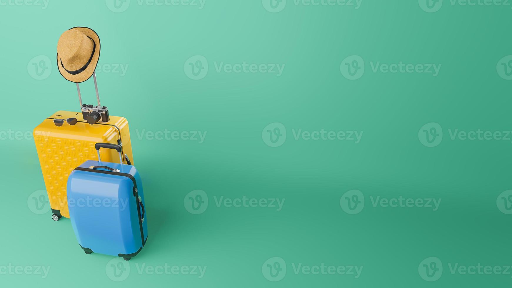 Yellow and blue suitcase with sun hat and glasses, camera on pastel background., travel concept.,3d illustration. photo