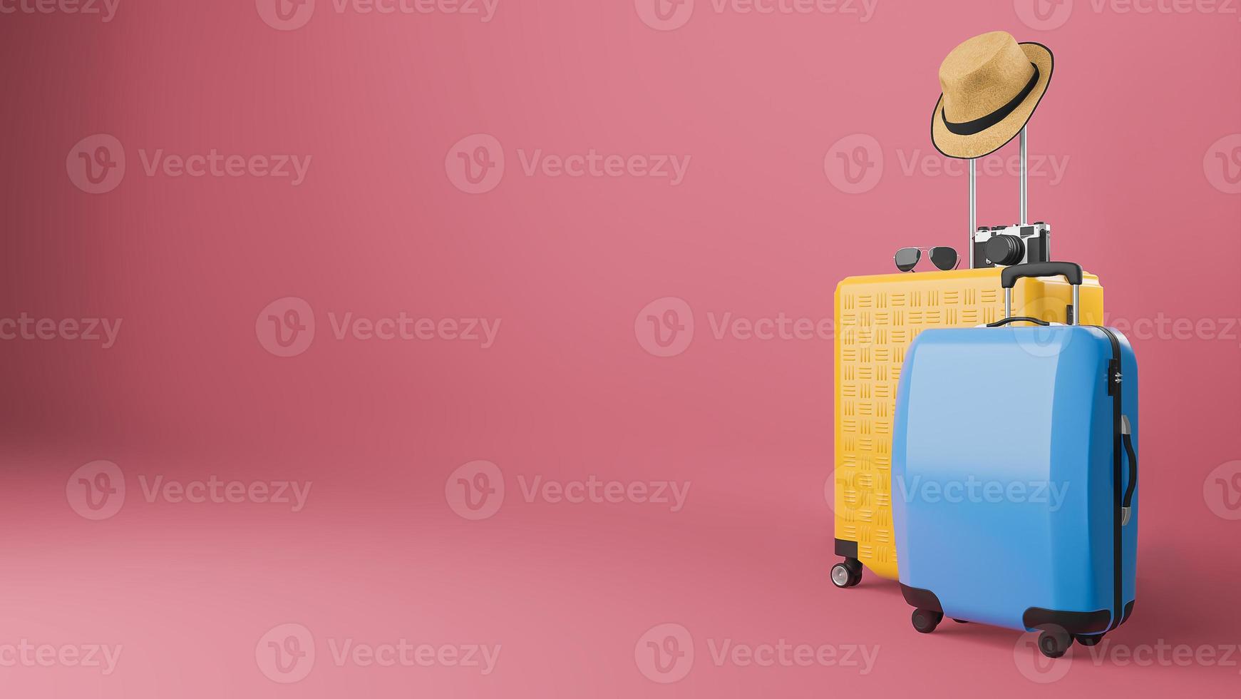 Yellow and blue suitcase with sun hat and glasses, camera on pastel background., travel concept.,3d illustration. photo