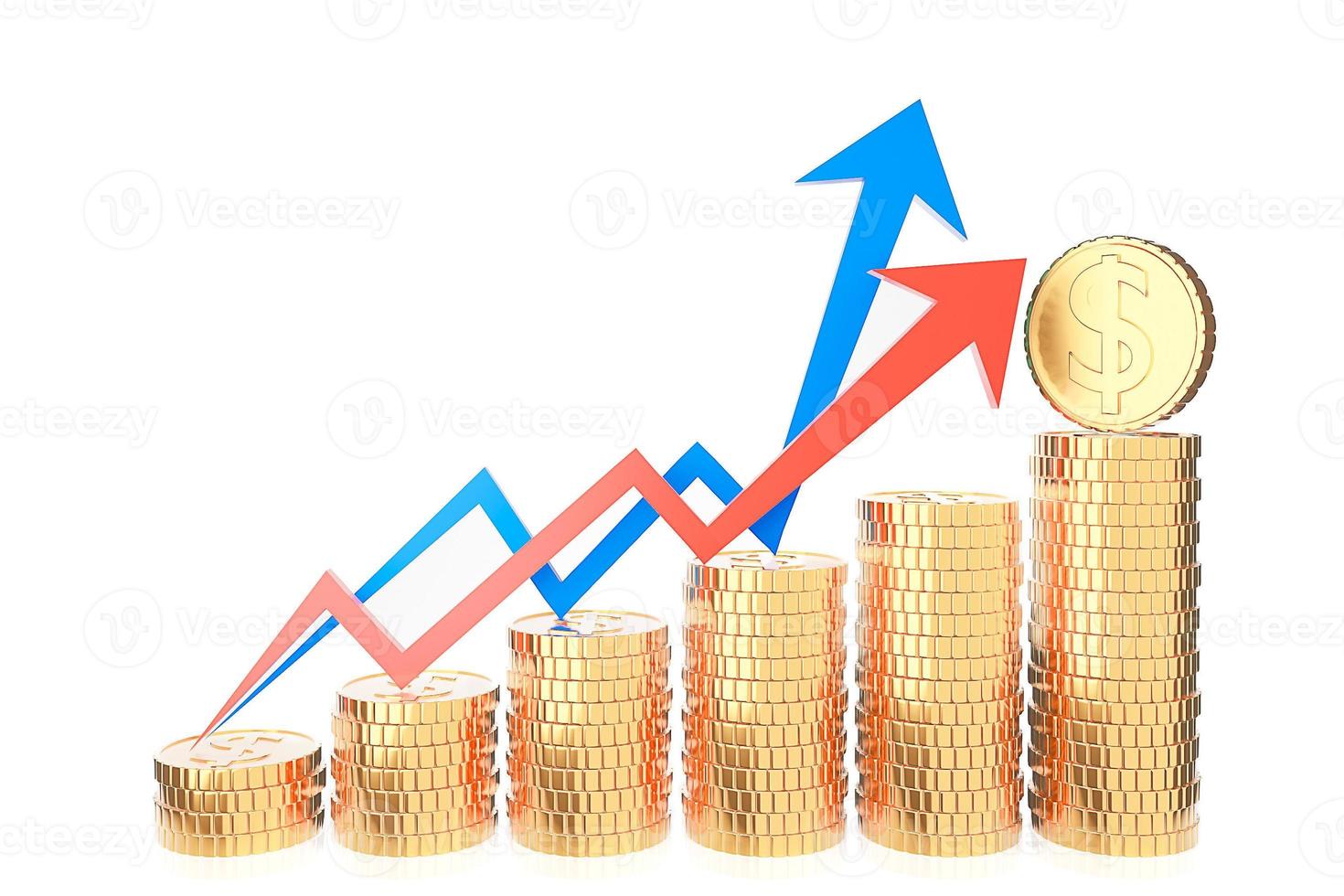 Golden coin stack and finance graph chart on white background., Money saving and investment concept and saving ideas and financial growth.3d model and illustration. photo