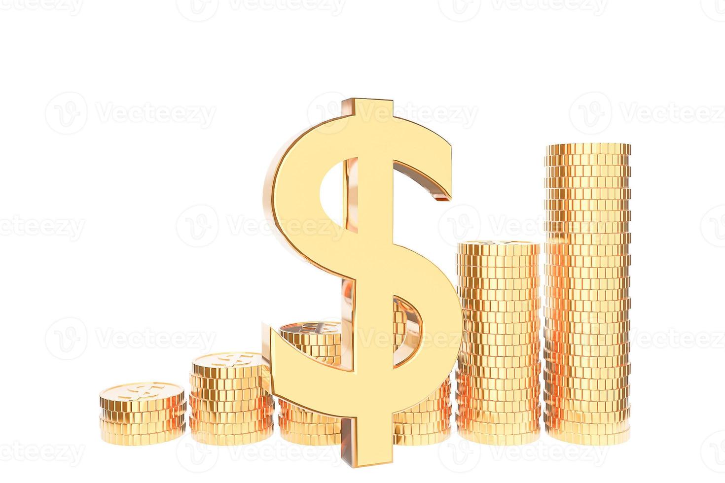 Golden coin stack on white background., Money saving and investment concept and saving ideas and financial growth.3d model and illustration. photo