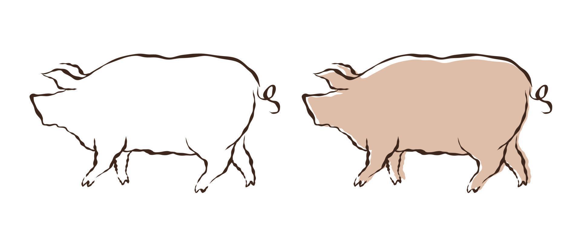 Vector set illustration of pig in hand drawing style. Vector icon for food from pork.