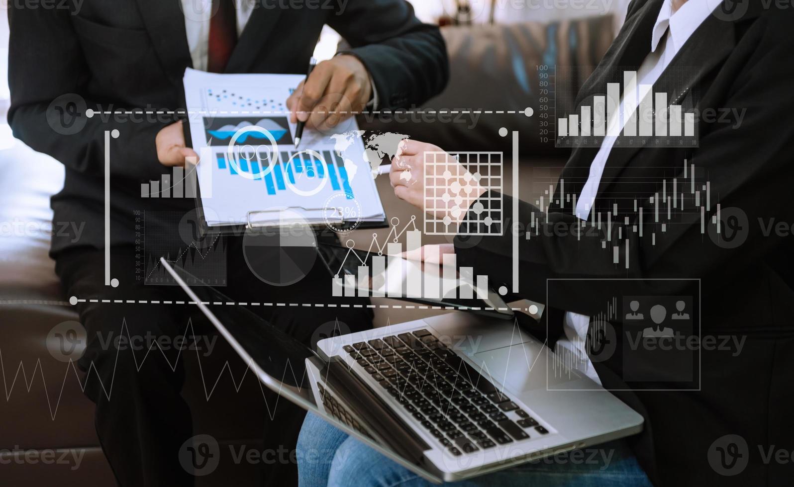 Intelligence and business analytics with key performance indicators dashboard concept.StartUp Programming as Fintech concept.Business team meeting. photo