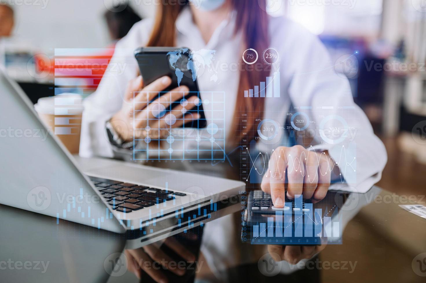 business team hands working with provide information for Key Performance Indicators and marketing analysis onn virtual computer photo