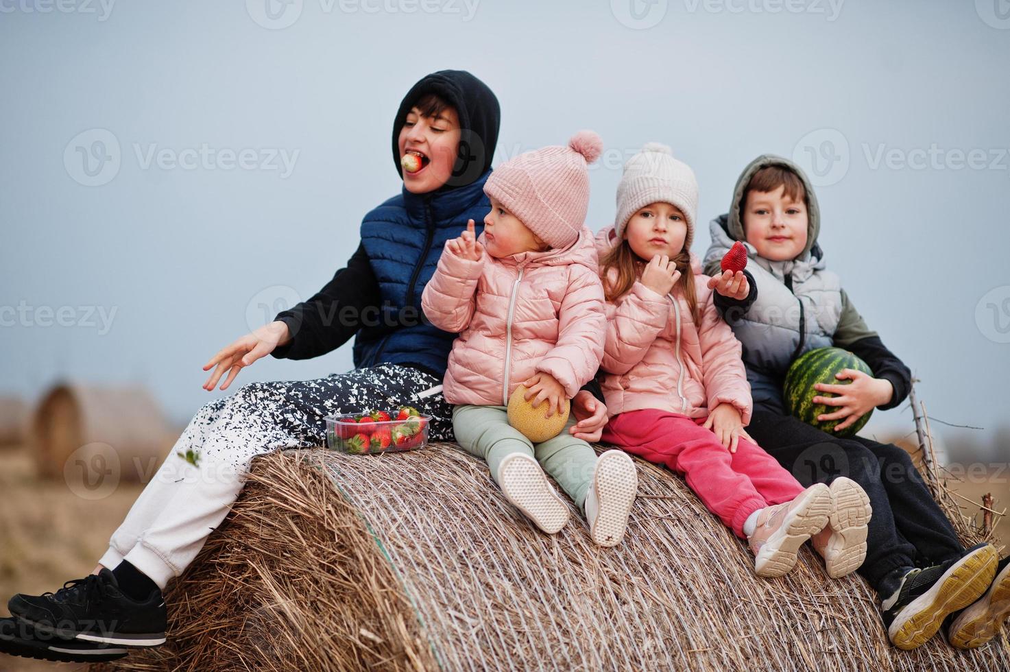 Four kids with fruits in hands sitting on haycock at field. photo