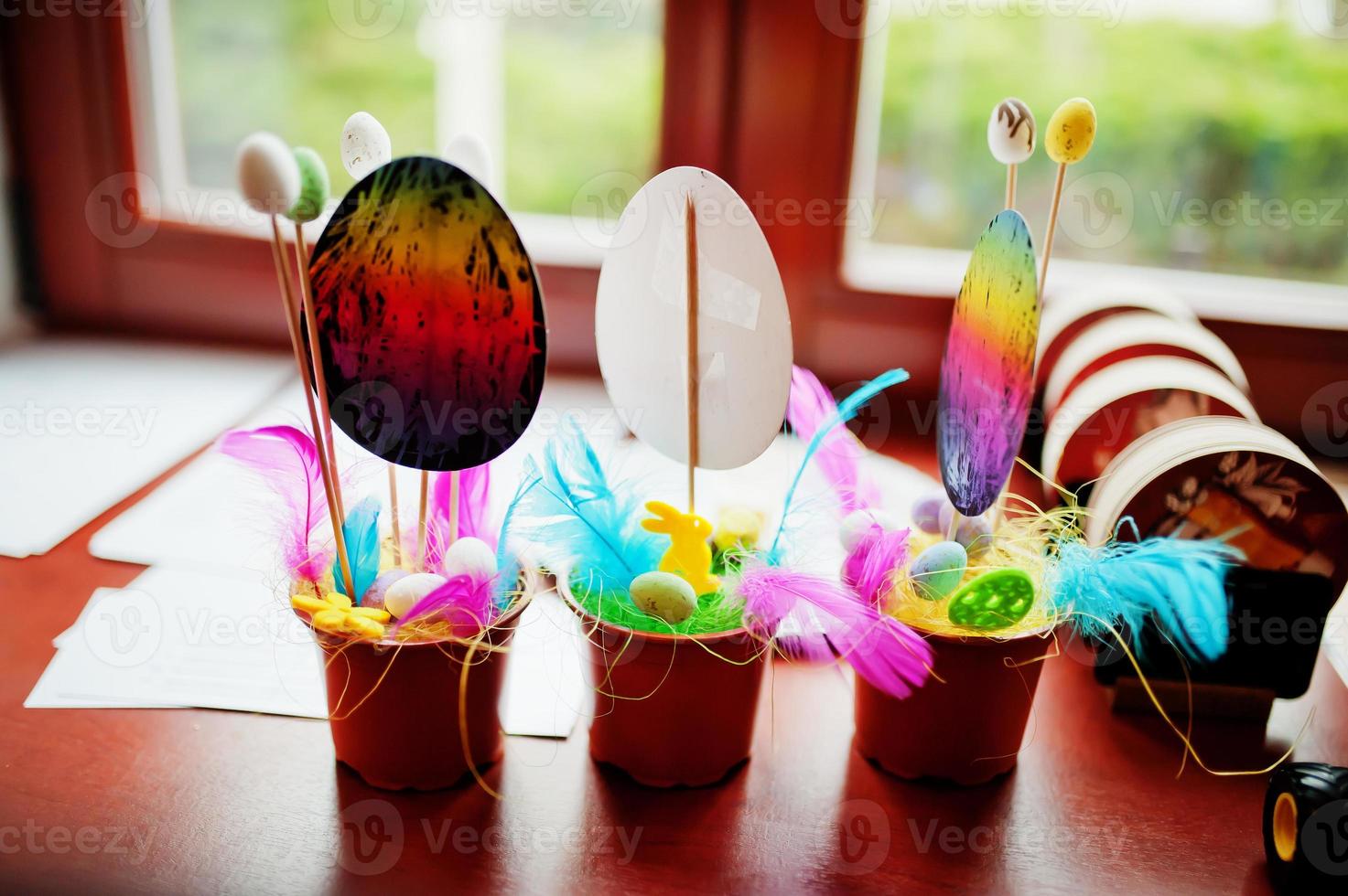 Preparing to Easter concept. Eggs in pots. photo