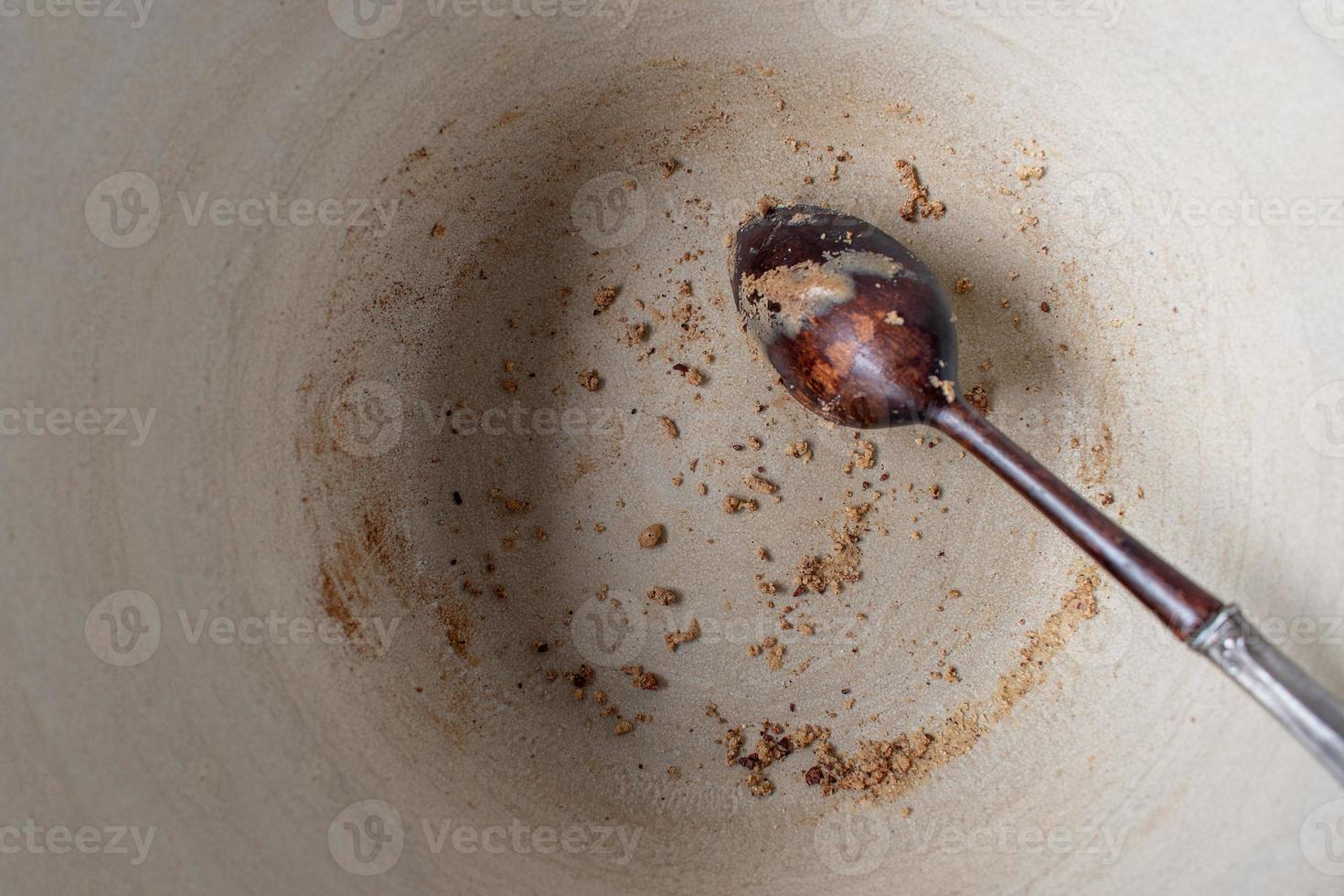 empty country crock bowl with wooden spoon and leftover crumbs flat lay photo
