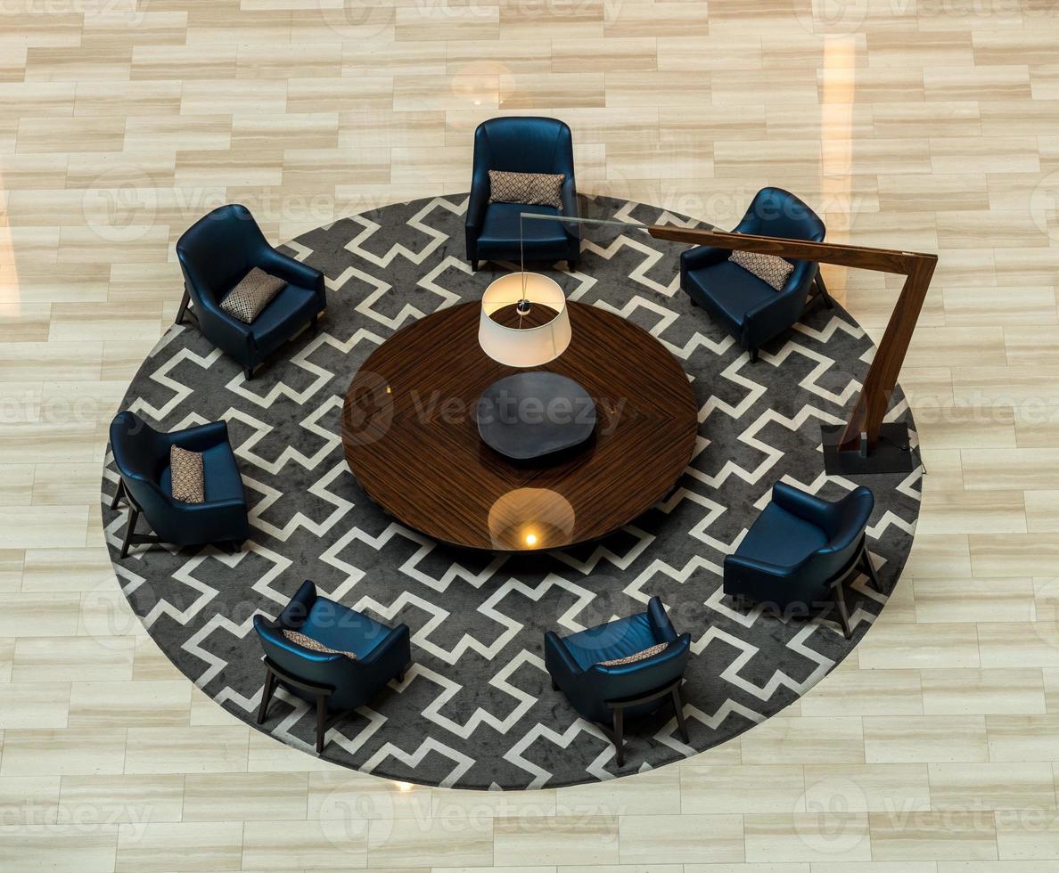 View from above of round tables and chairs with no people due to lockdown photo