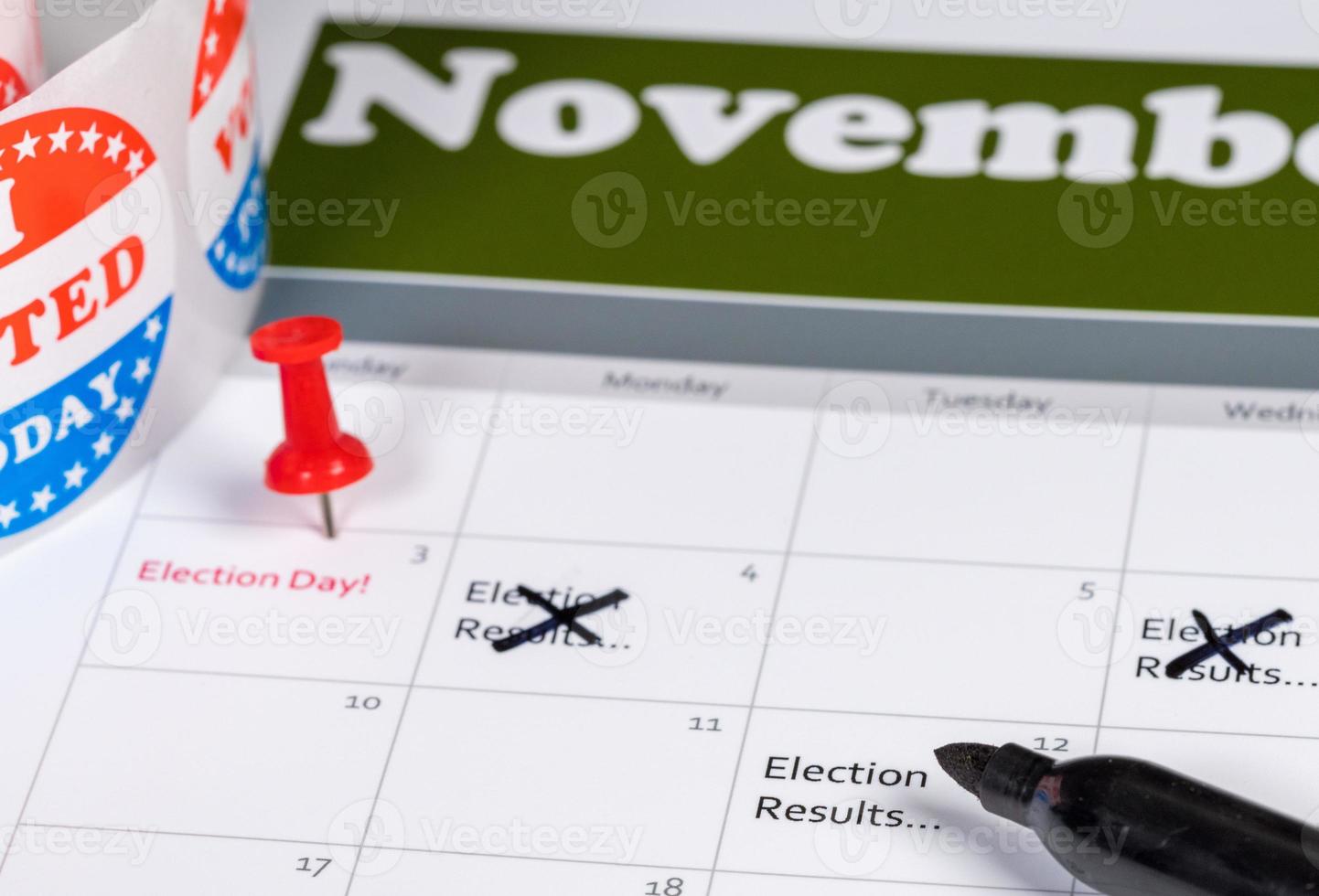 Calendar for November 2020 with election results marked and deleted as delays occur in counting votes photo