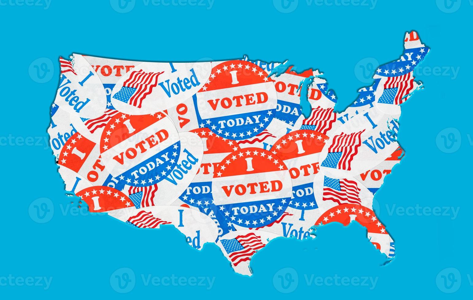 USA map outline created from many election voting stickers or badges photo