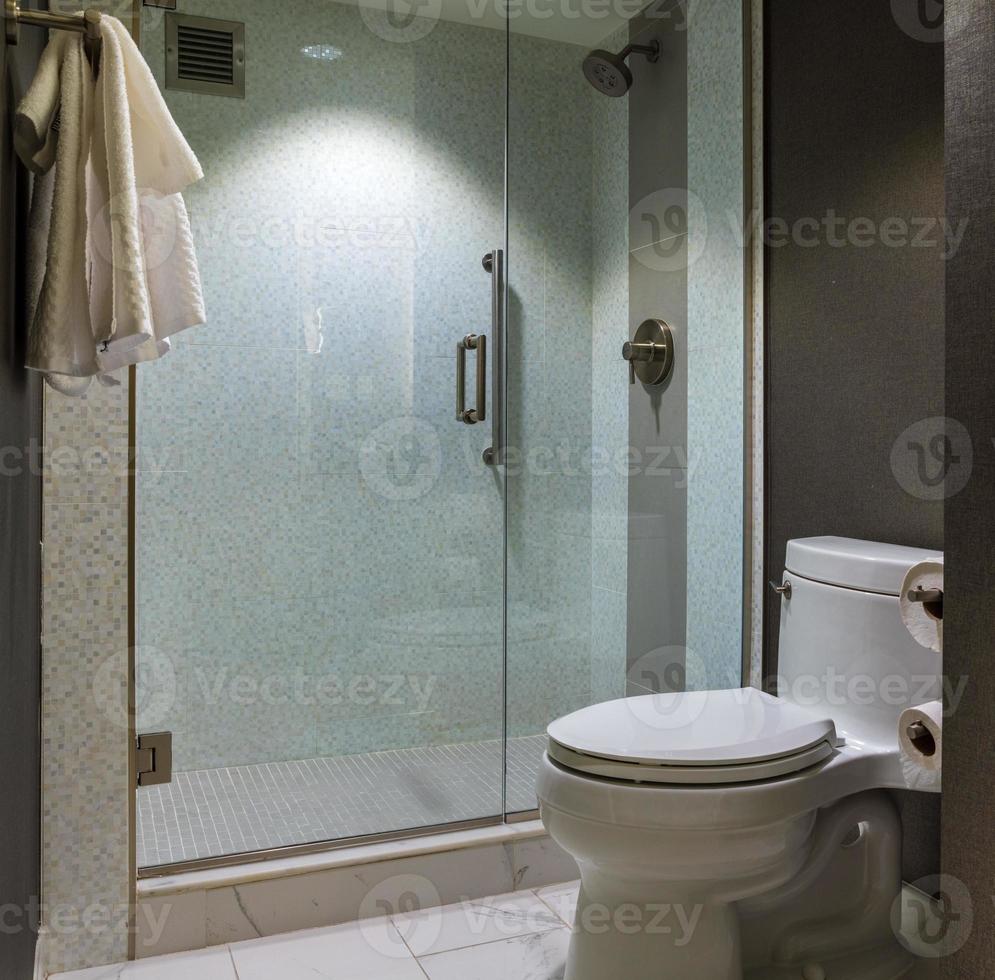 Modern hotel bathroom with glass wall shower and toilet photo