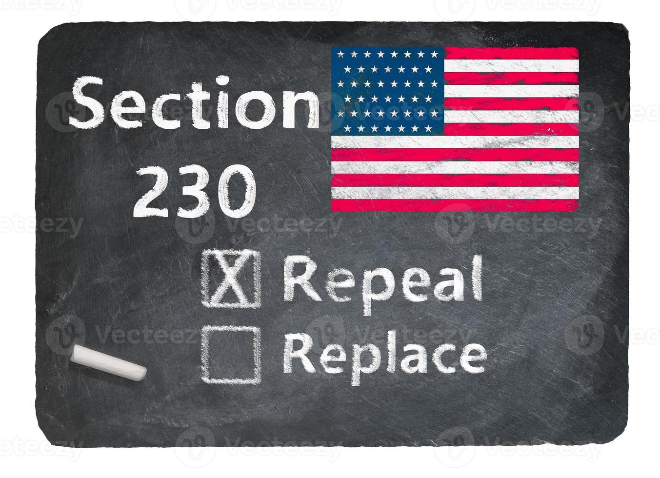 Chalkboard with Section 230 free speech law and question about repeal or replace photo