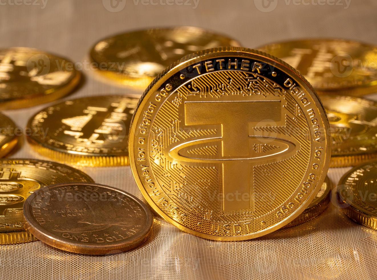 Tether coin concept used as a way of trading in Bitcoin and other alt coins with one dollar coin photo