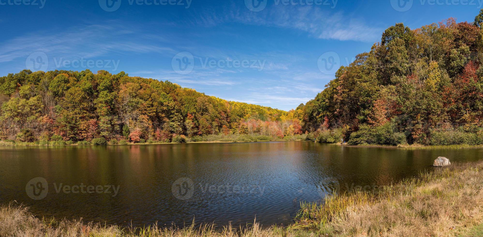 panorama del lago coopers rock en el parque estatal con colores otoñales y otoñales foto