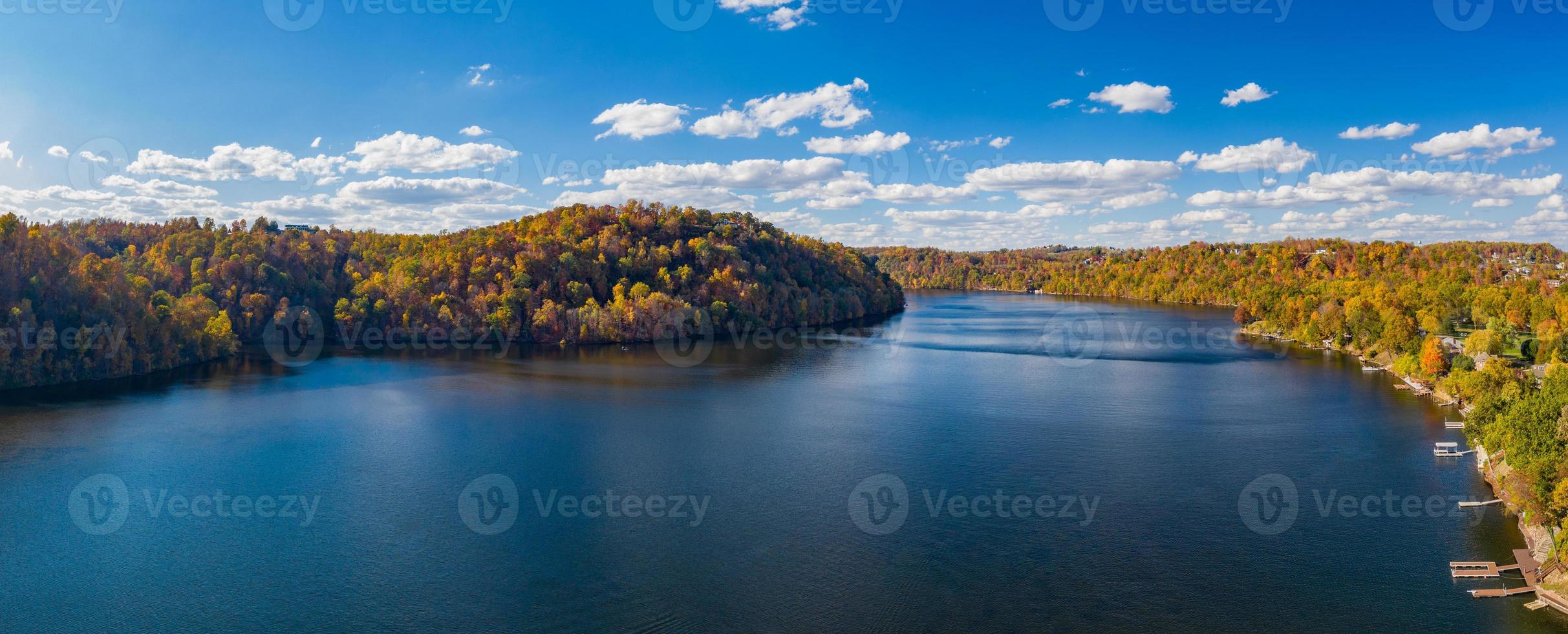 Aerial panorama of fall colors on Cheat Lake Morgantown, WV with I68 bridge photo