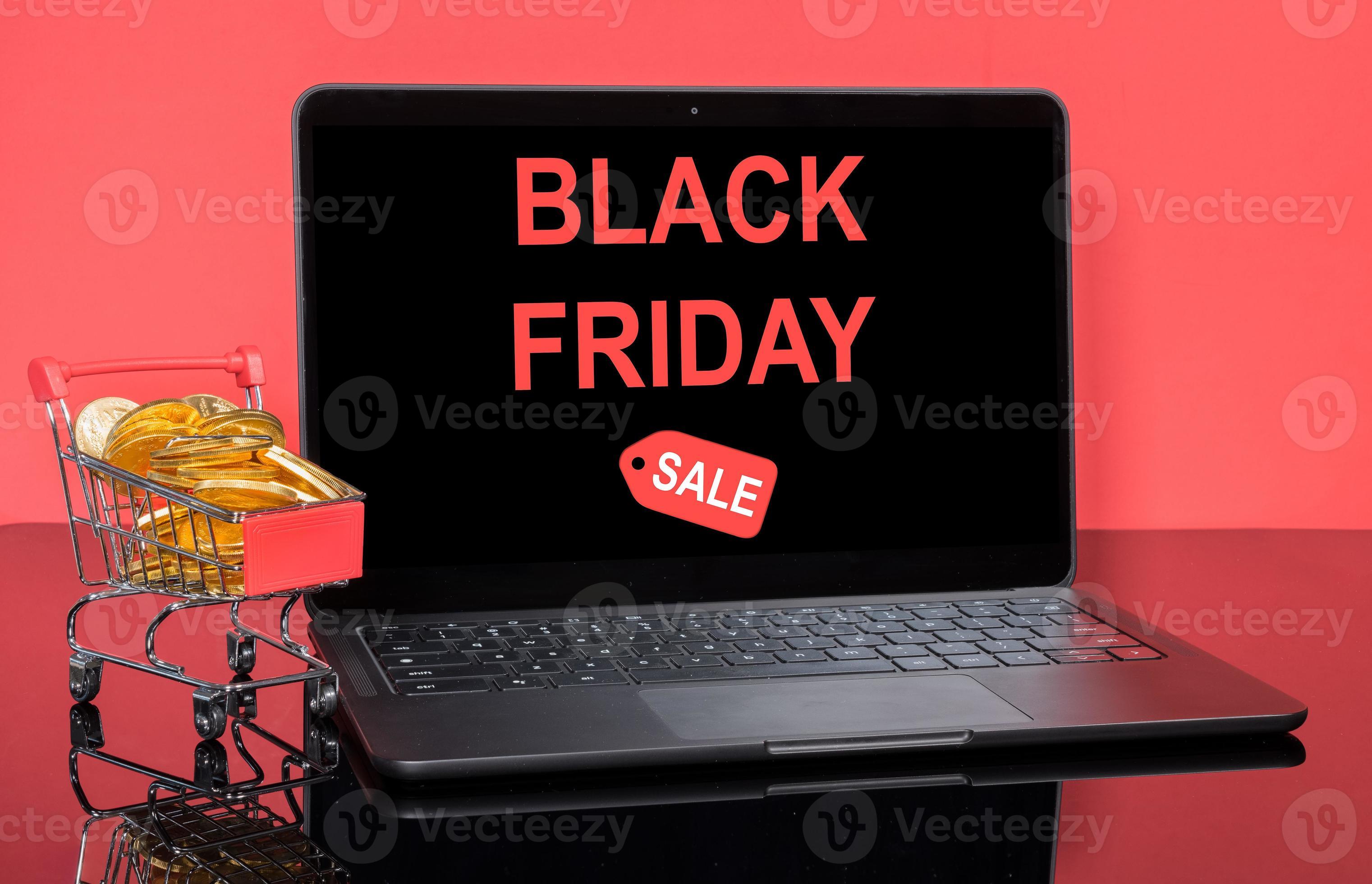 Modern laptop computer with Black Friday sale screen with shopping cart