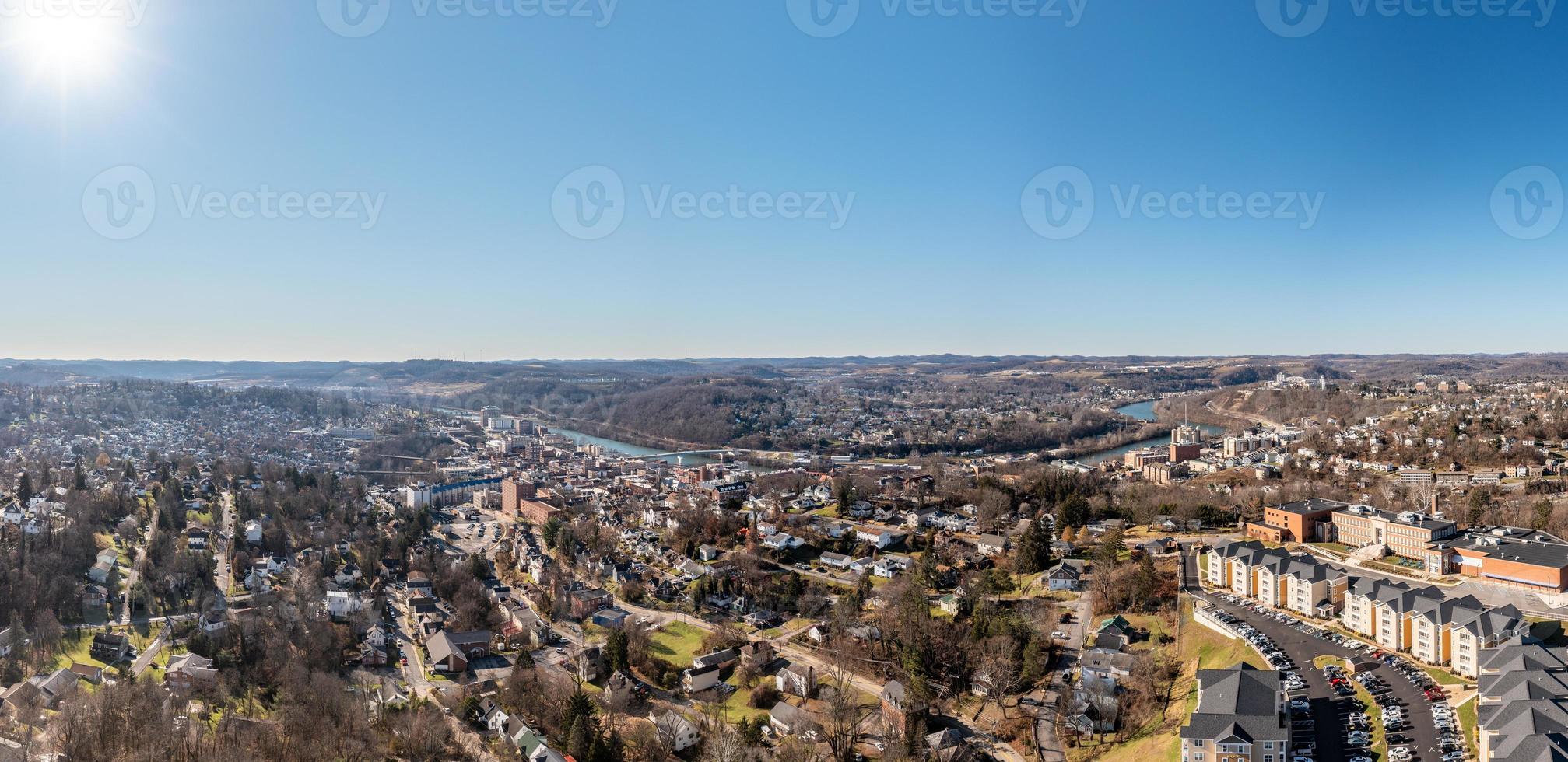 Aerial drone view of the downtown and university in Morgantown, West Virginia photo