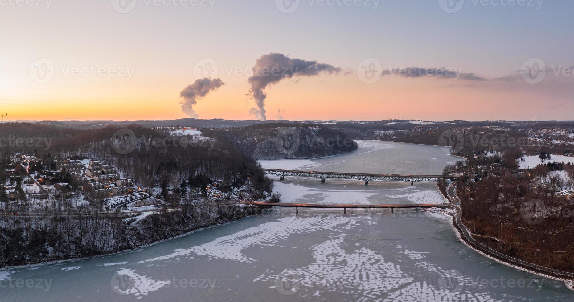 Aerial panorama of the frozen Cheat Lake Morgantown, WV with I68 bridge photo