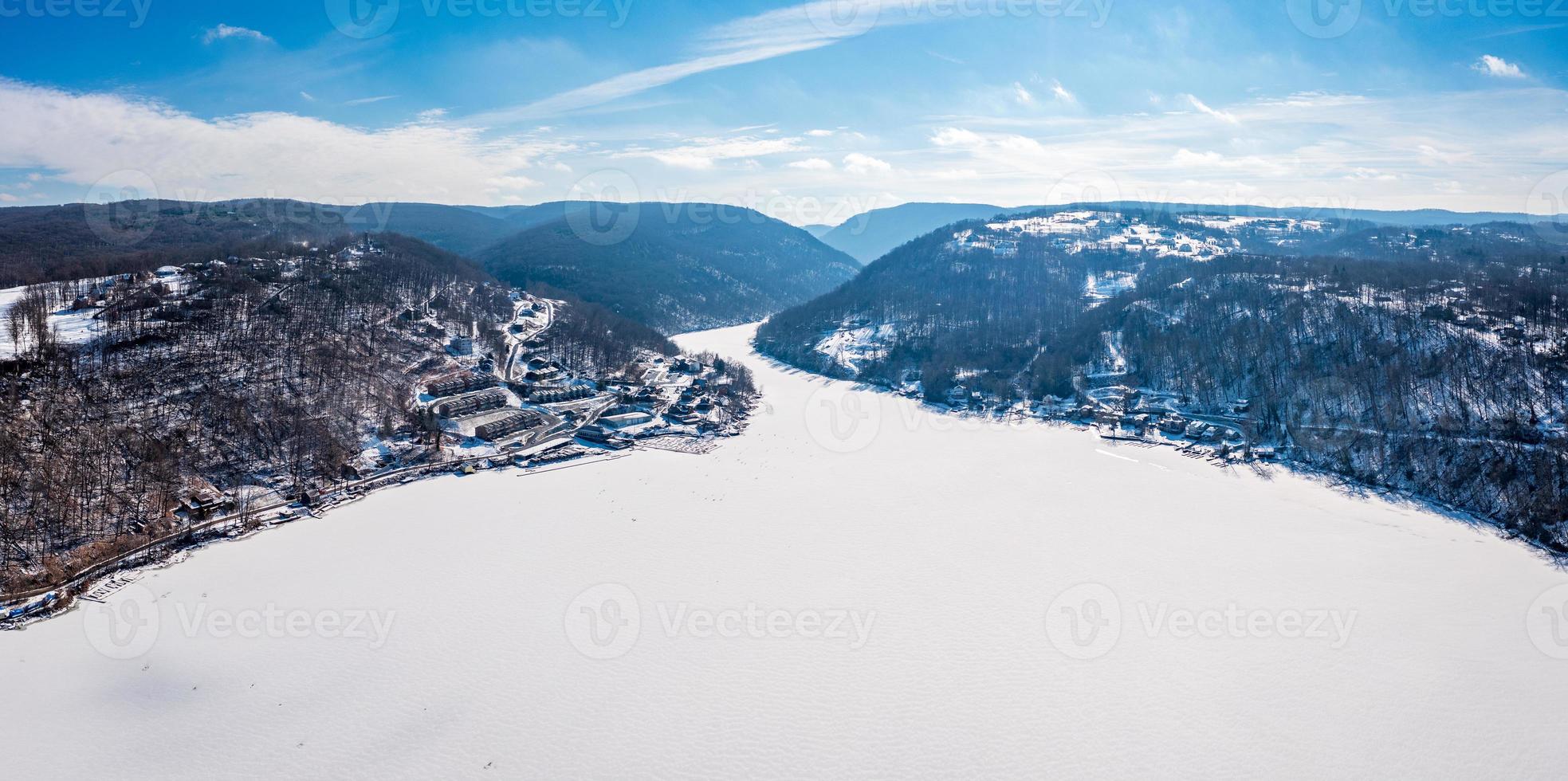 Aerial panorama of the frozen Cheat Lake Morgantown, WV looking upstream photo