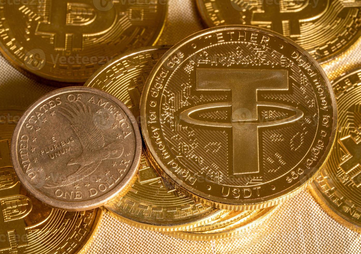 Tether coin concept used as a way of trading in Bitcoin and other alt coins with one dollar coin photo