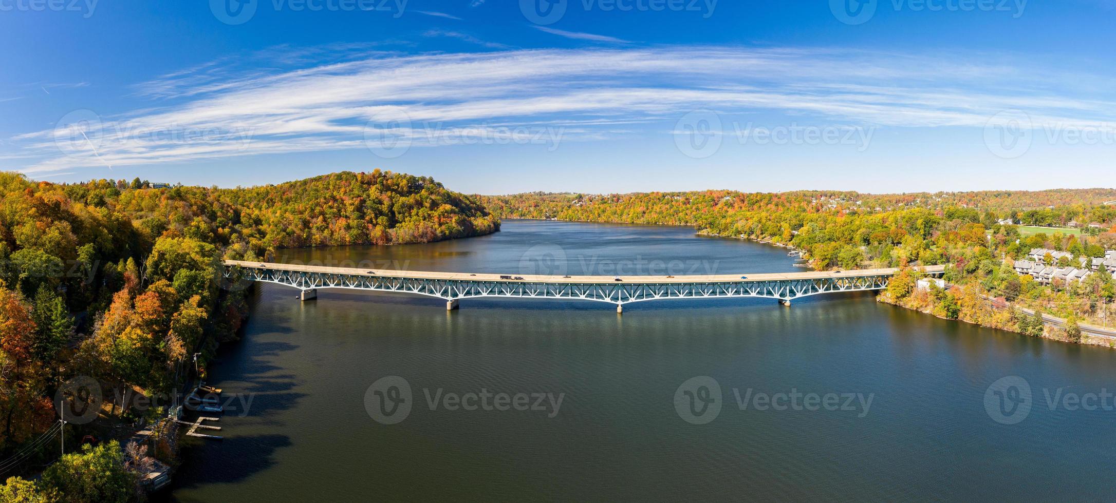 Aerial panorama of fall colors on Cheat Lake Morgantown, WV with I68 bridge photo