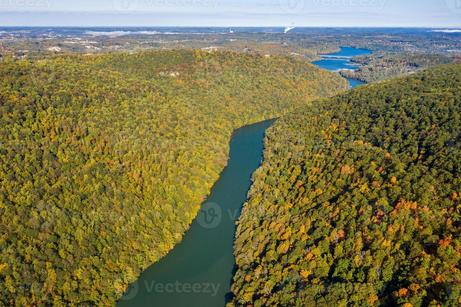 Narrow gorge of the Cheat River looking down towards the lake in West Virginia with fall colors photo