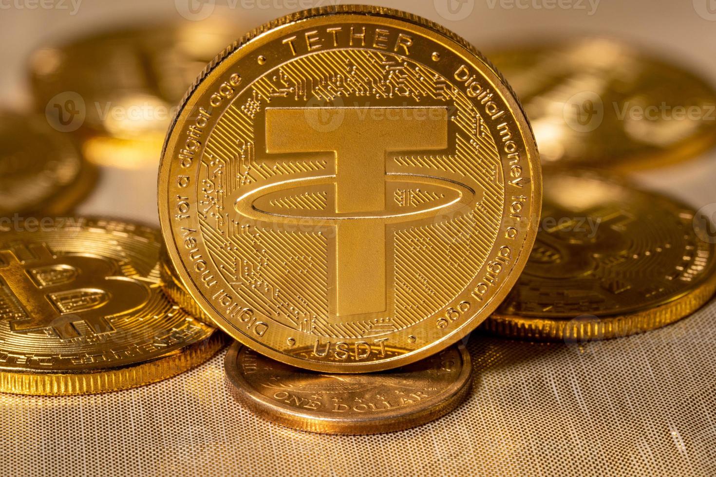Tether coin concept used as a way of trading in Bitcoin and other alt coins with one dollar coin photo