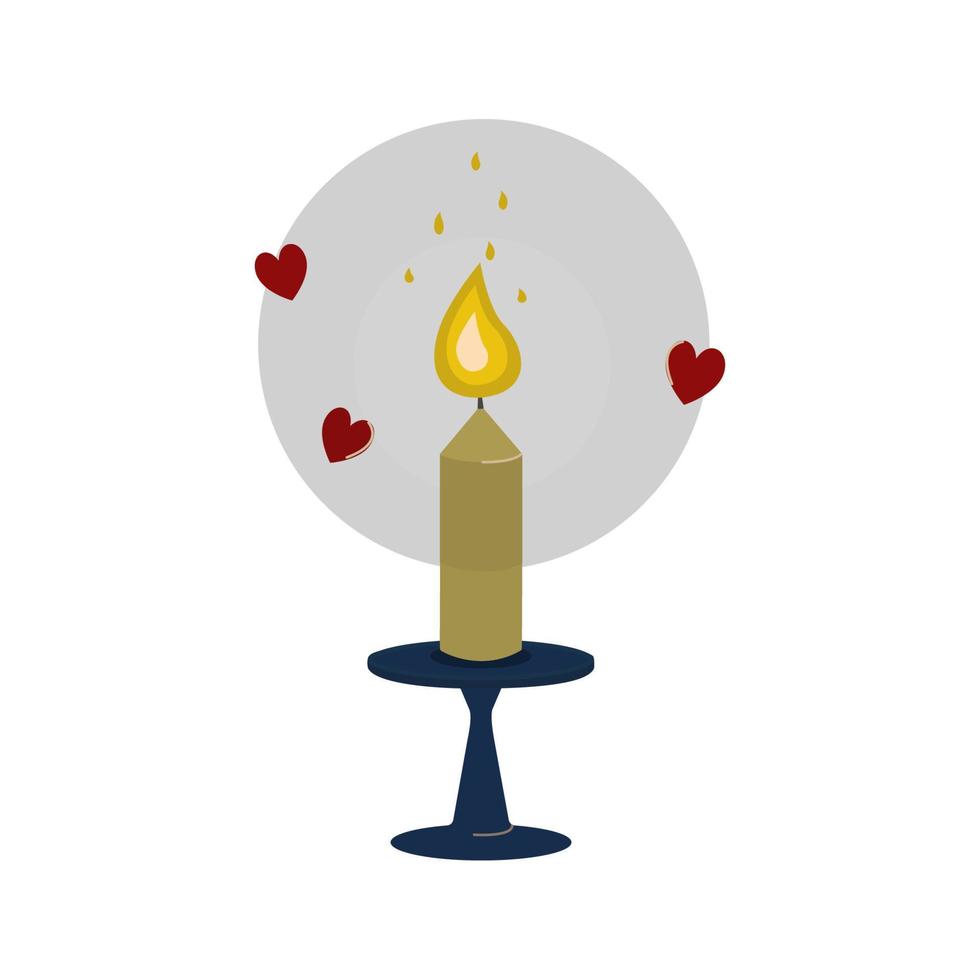 Vector drawing of a burning candle on a background of hearts. Romantic cartoon illustration for Valentine's Day, engagement, wedding.