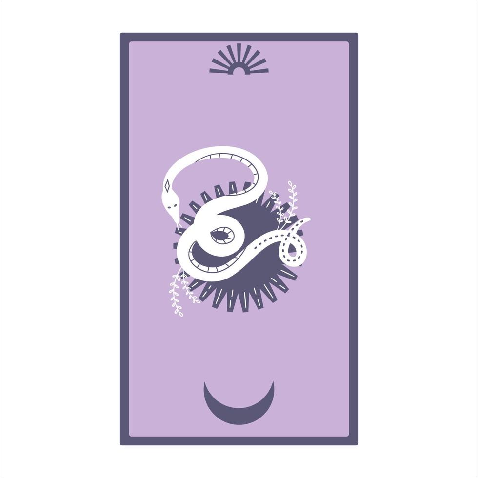 cartas del tarot con sol y serpientes aisladas en un fondo blanco. Magia celestial para ocultismo y adivinación. tarjetas de minimalismo púrpura. serpiente con luna. ilustración vectorial plana vector